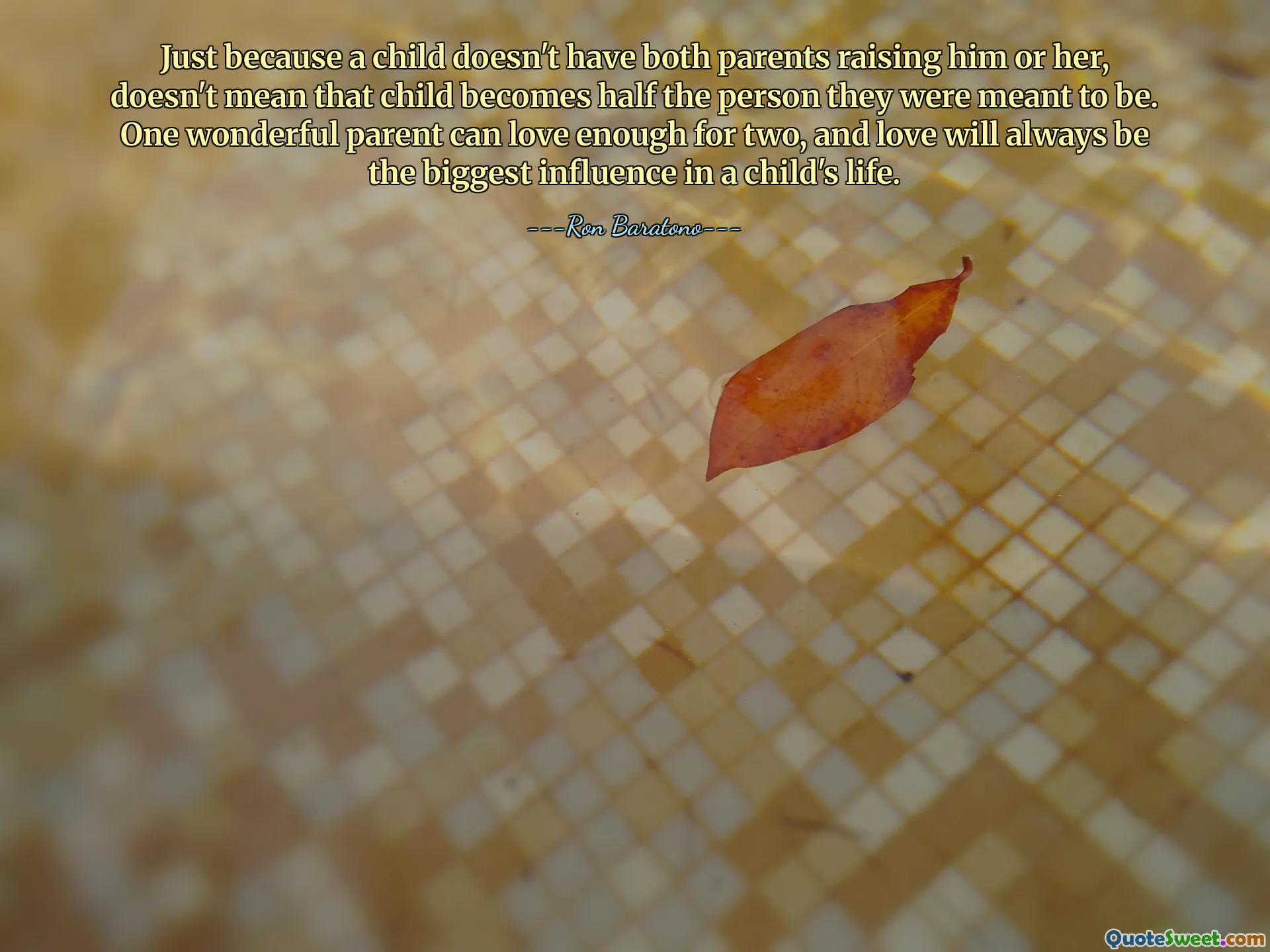 Just because a child doesn't have both parents raising him or her, doesn't mean that child becomes half the person they were meant to be. One wonderful parent can love enough for two, and love will always be the biggest influence in a child's life.