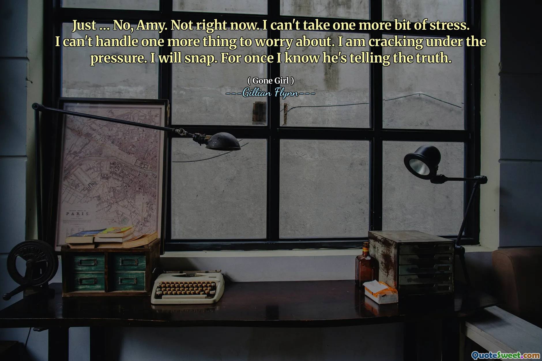 Just … No, Amy. Not right now. I can't take one more bit of stress. I can't handle one more thing to worry about. I am cracking under the pressure. I will snap. For once I know he's telling the truth.