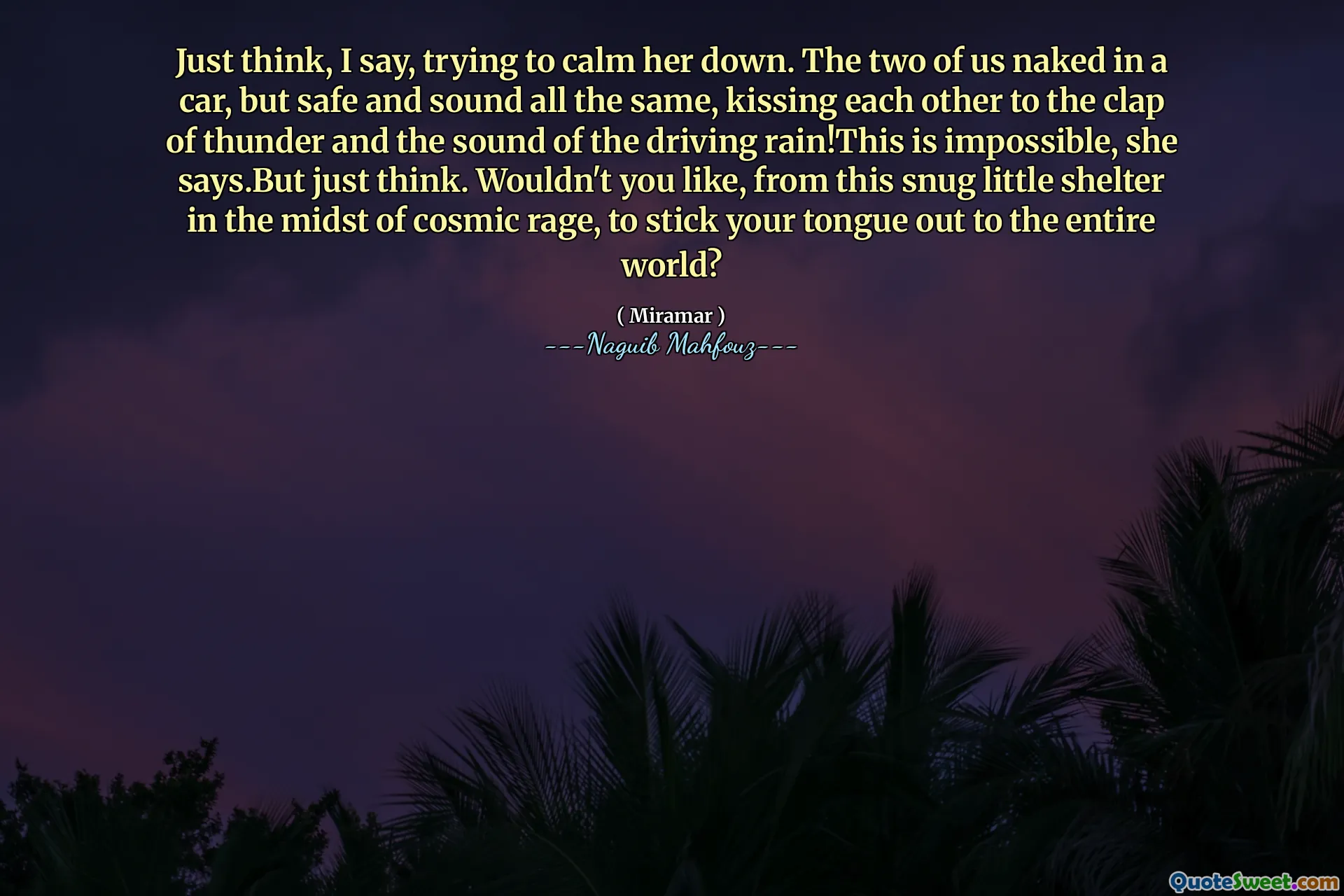 Tänk bara, säger jag och försöker lugna henne. Vi två är nakna i en bil, men säkra och ljud likadana och kysser varandra till åskan och ljudet från det drivande regnet! Detta är omöjligt, säger hon. Men tänk bara. Skulle du inte gilla, från detta tuffa lilla skydd mitt i kosmisk raseri, att sticka din tunga ut till hela världen?