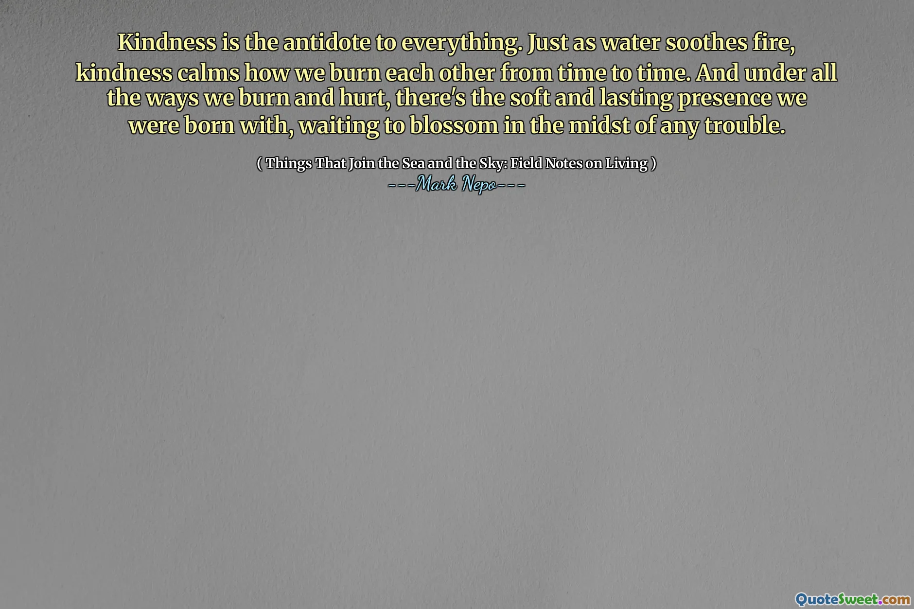 Vänlighet är motgift mot allt. Precis som vatten lugnar eld, lugnar vänlighet hur vi bränner varandra då och då. Och under alla sätt vi bränner och skadar finns det den mjuka och varaktiga närvaron vi föddes med och väntar på att blomstra mitt i problem.