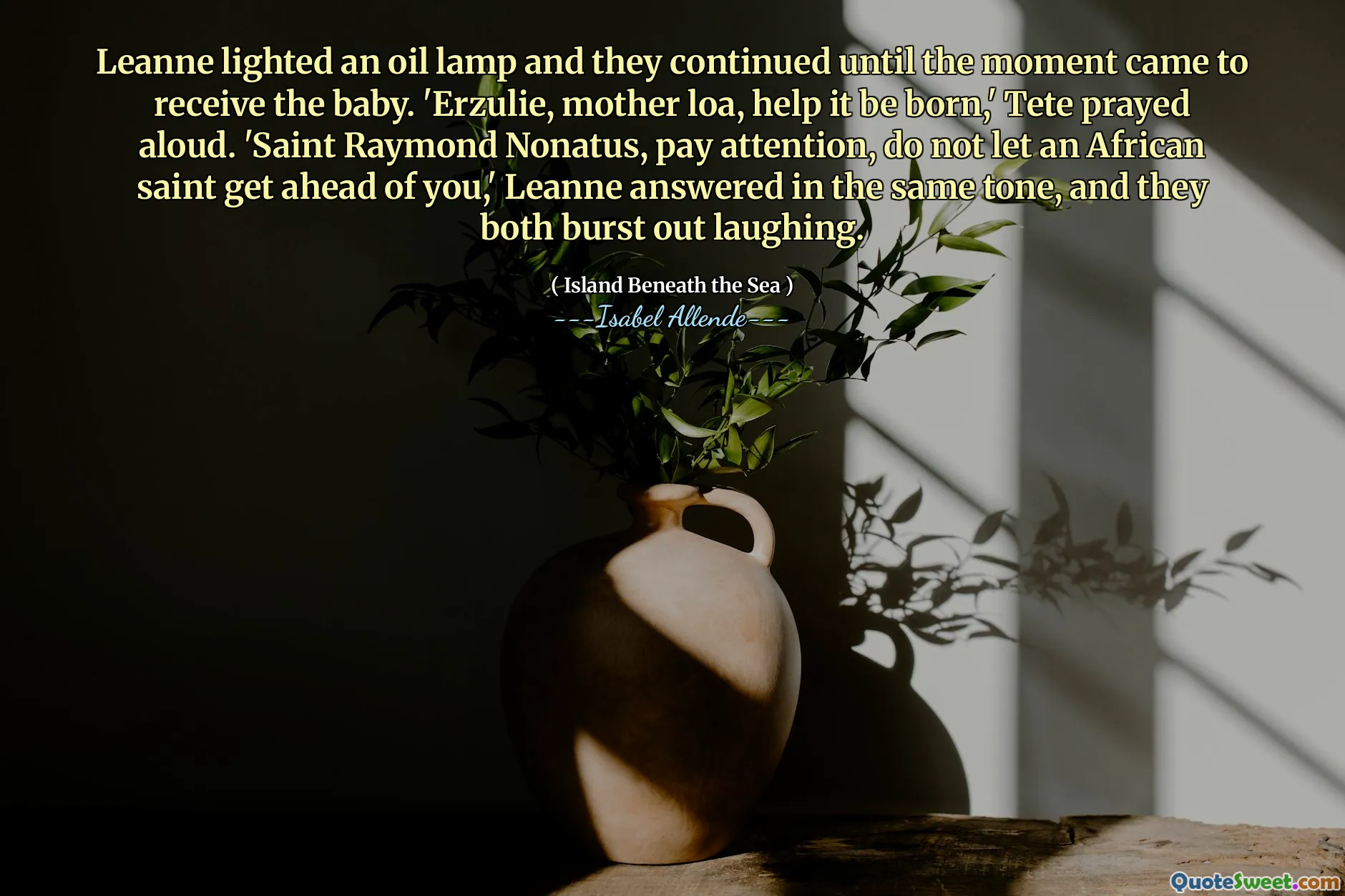 Leanne lighted an oil lamp and they continued until the moment came to receive the baby. 'Erzulie, mother loa, help it be born,' Tete prayed aloud. 'Saint Raymond Nonatus, pay attention, do not let an African saint get ahead of you,' Leanne answered in the same tone, and they both burst out laughing.