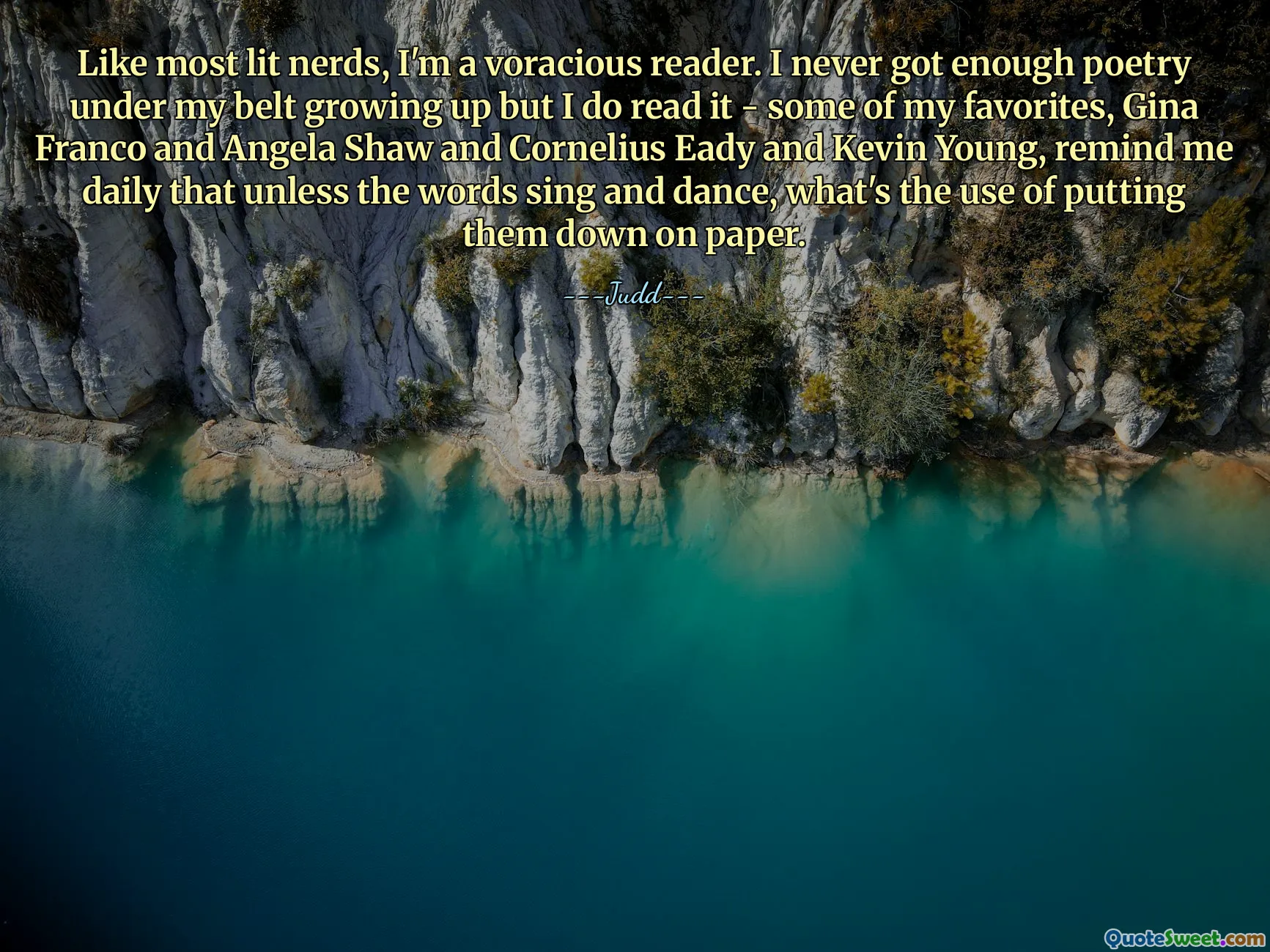 როგორც ყველაზე ნათელ ნერდებს, მე ვარ მახარებელი მკითხველი. მე არასოდეს მიმიღია საკმარისი პოეზია, როცა გავიზარდე, მაგრამ ვკითხულობ - ჩემი ზოგიერთი ფავორიტი, ჯინა ფრანკო და ანჯელა შოუ, კორნელიუს ედი და კევინ იანგი, ყოველდღე მახსენებენ, რომ თუ სიტყვები არ მღერიან და არ ცეკვავენ, რა აზრი აქვს მათ ქაღალდზე გადატანას.