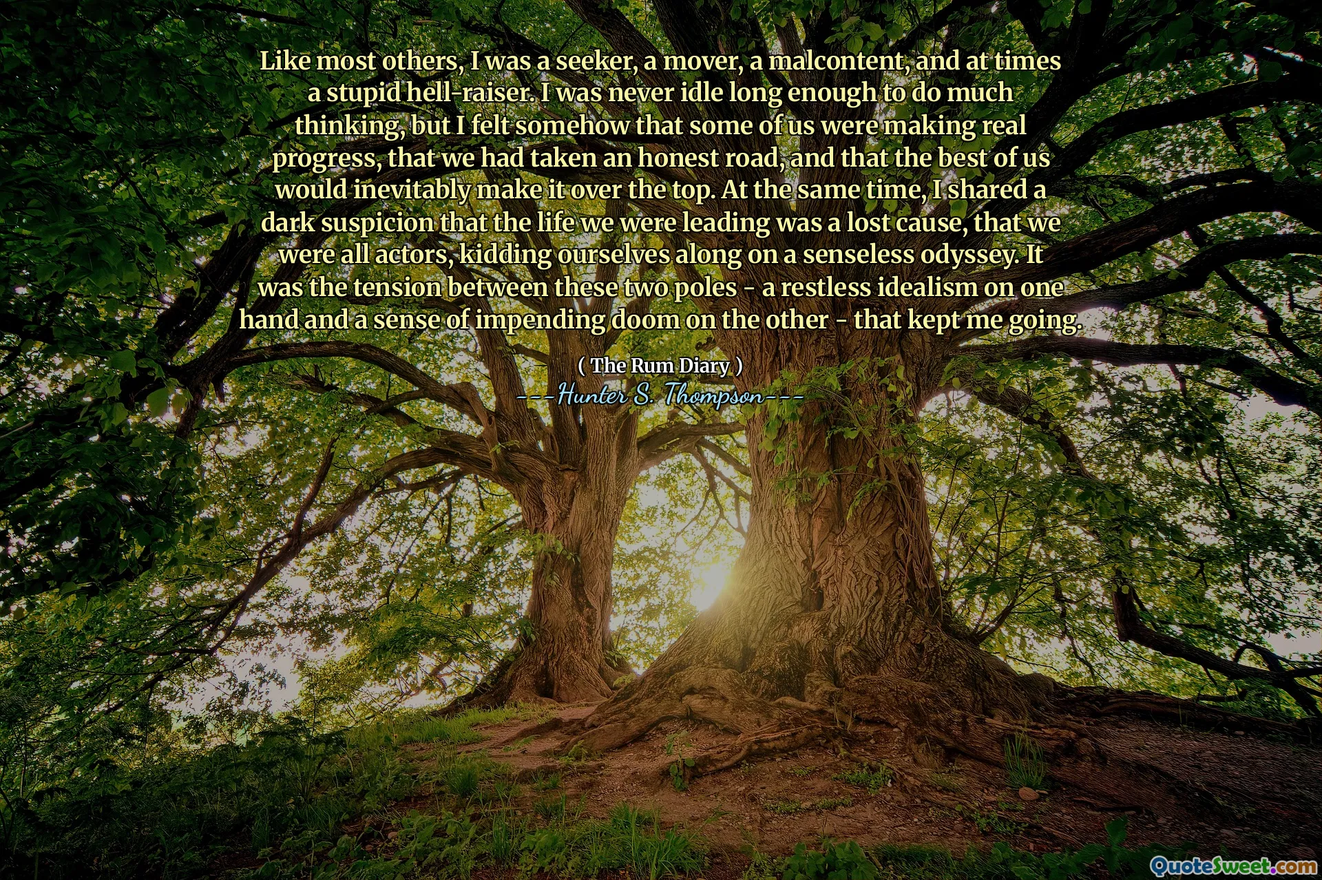 像大多数其他人一样，我是一个寻求者，一个搬家，一个不满，有时是一个愚蠢的地狱射击者。我从来没有足够多的时间来做很多事情，但是我觉得我们当中有些人正在取得真正的进步，我们走了一条诚实的道路，而我们中最好的人不可避免地会落在顶部。同时，我对我们过着的生活是一个失落的事业，我都对我们都是演员，在一个毫无意义的奥德赛上开玩笑。这是这两个极点之间的张力 - 一方面是一种不安的理想主义，另一方面是一种厄运的感觉 - 使我继续前进。