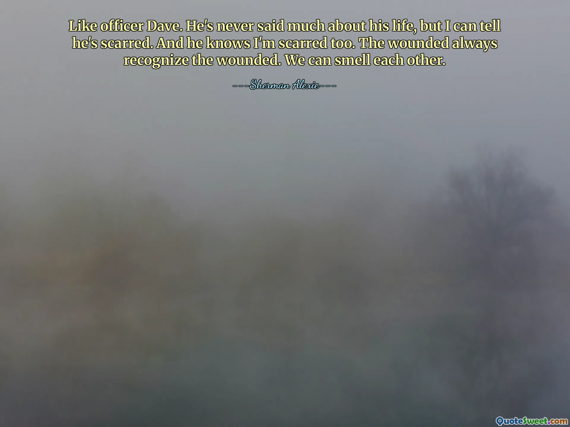 Like officer Dave. He's never said much about his life, but I can tell he's scarred. And he knows I'm scarred too. The wounded always recognize the wounded. We can smell each other.