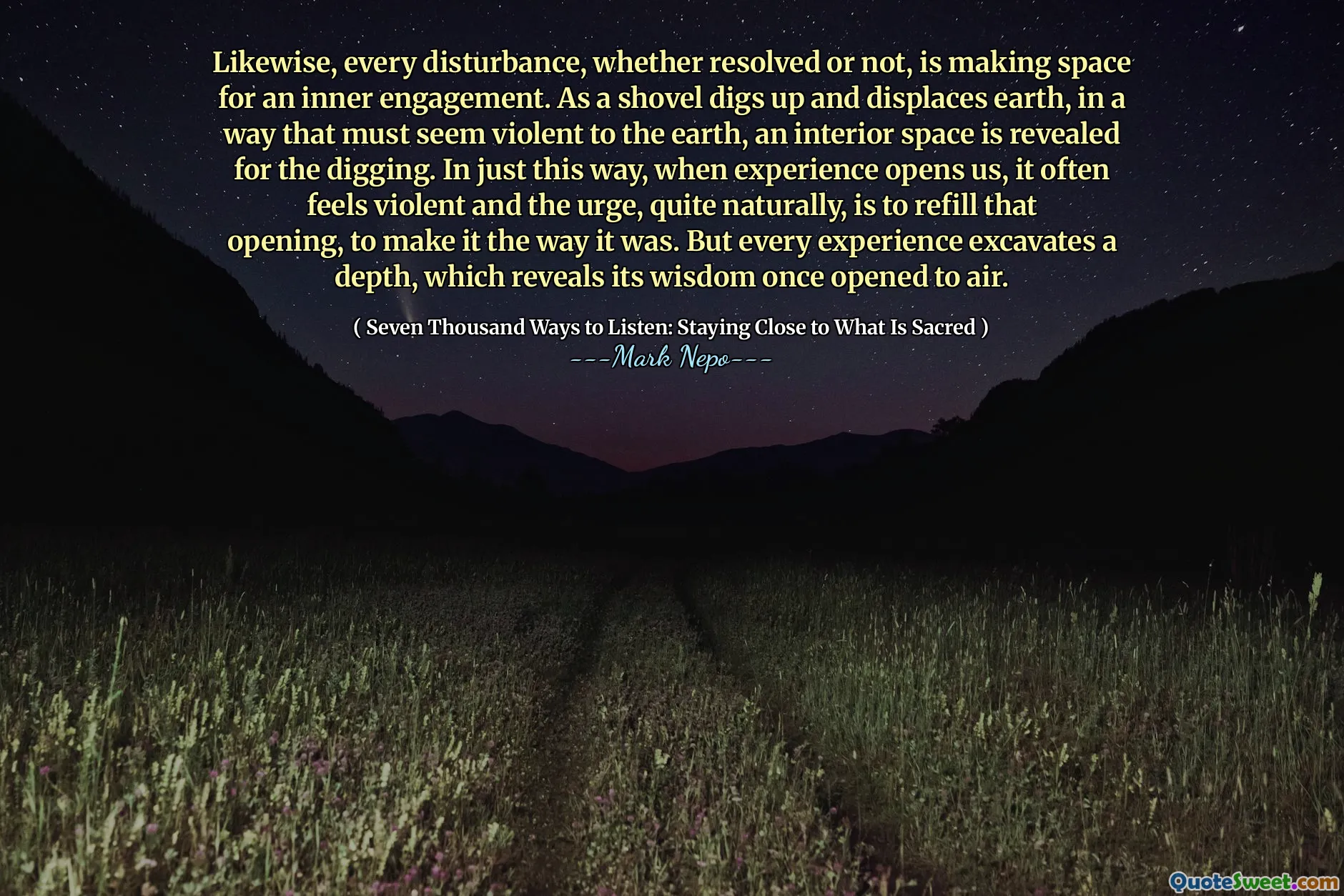 Likewise, every disturbance, whether resolved or not, is making space for an inner engagement. As a shovel digs up and displaces earth, in a way that must seem violent to the earth, an interior space is revealed for the digging. In just this way, when experience opens us, it often feels violent and the urge, quite naturally, is to refill that opening, to make it the way it was. But every experience excavates a depth, which reveals its wisdom once opened to air.