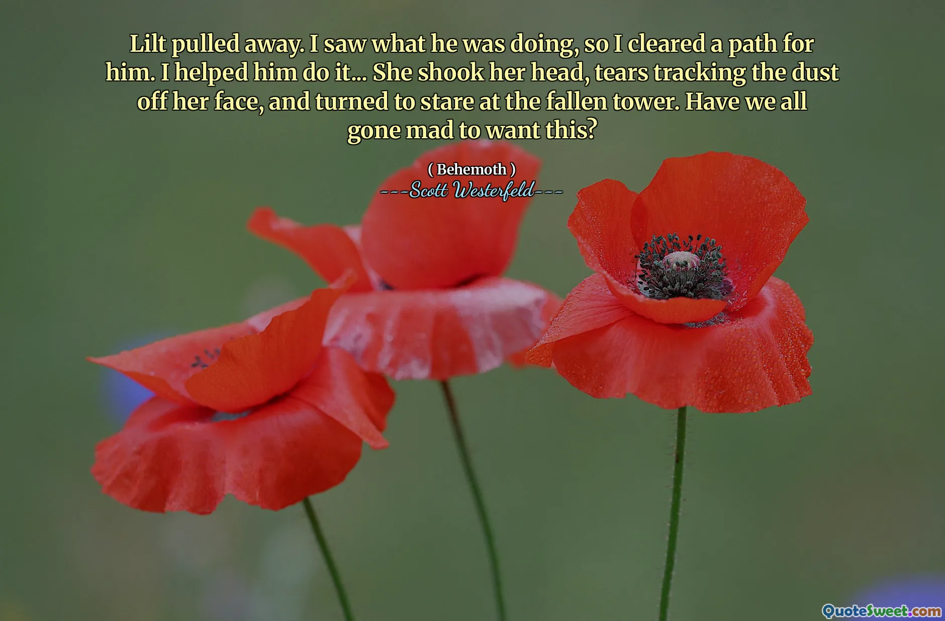 Lilt pulled away. I saw what he was doing, so I cleared a path for him. I helped him do it... She shook her head, tears tracking the dust off her face, and turned to stare at the fallen tower. Have we all gone mad to want this?