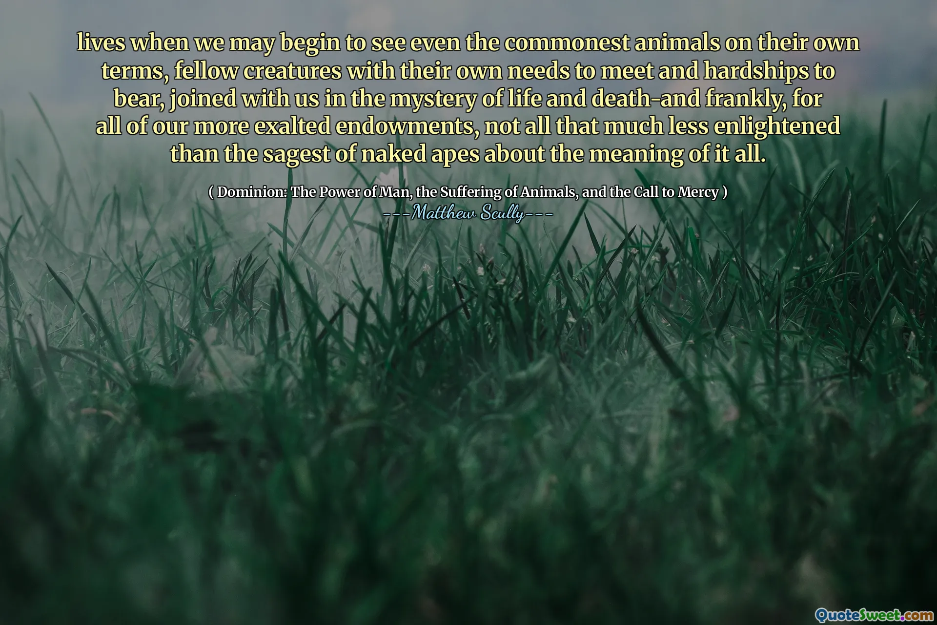 Het leven wanneer we zelfs de meest voorkomende dieren op hun eigen voorwaarden kunnen zien, moeten medemensen met hun eigen moeten voldoen en ontberingen om te dragen, samengevoegd met ons in het mysterie van leven en dood en eerlijk gezegd, voor al onze meer verheven schenkingen, niet zo veel minder verlicht dan de sagest van naakte apen over de betekenis van de betekenis van alles.