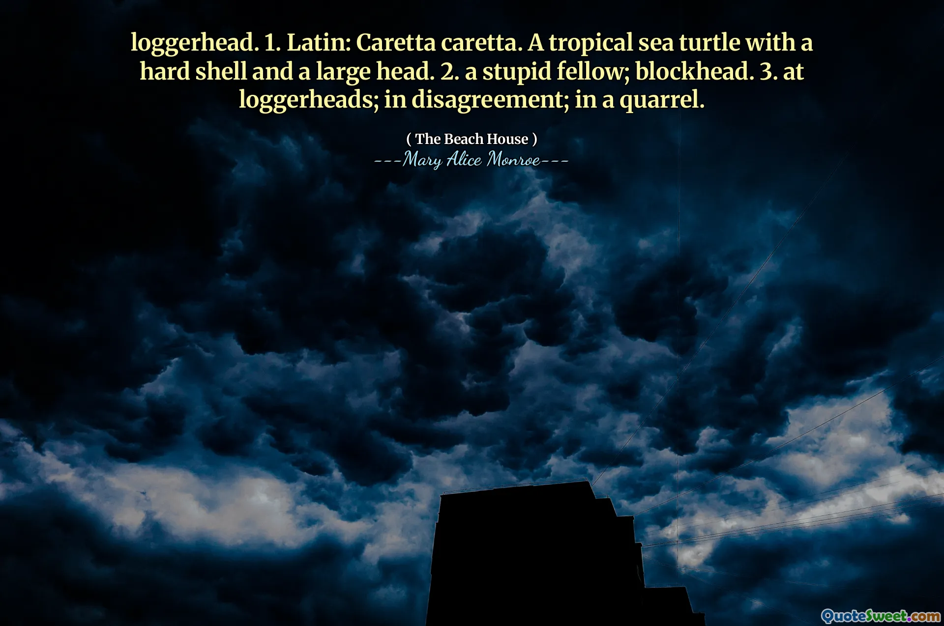 얼간이. 1. 라틴어 : Caretta Caretta. 단단한 껍질과 큰 머리가있는 열대 바다 거북. 2. 바보 같은 동료; 멍청이. 3. Loggerheads에서; 의견 불일치로; 싸움에서.