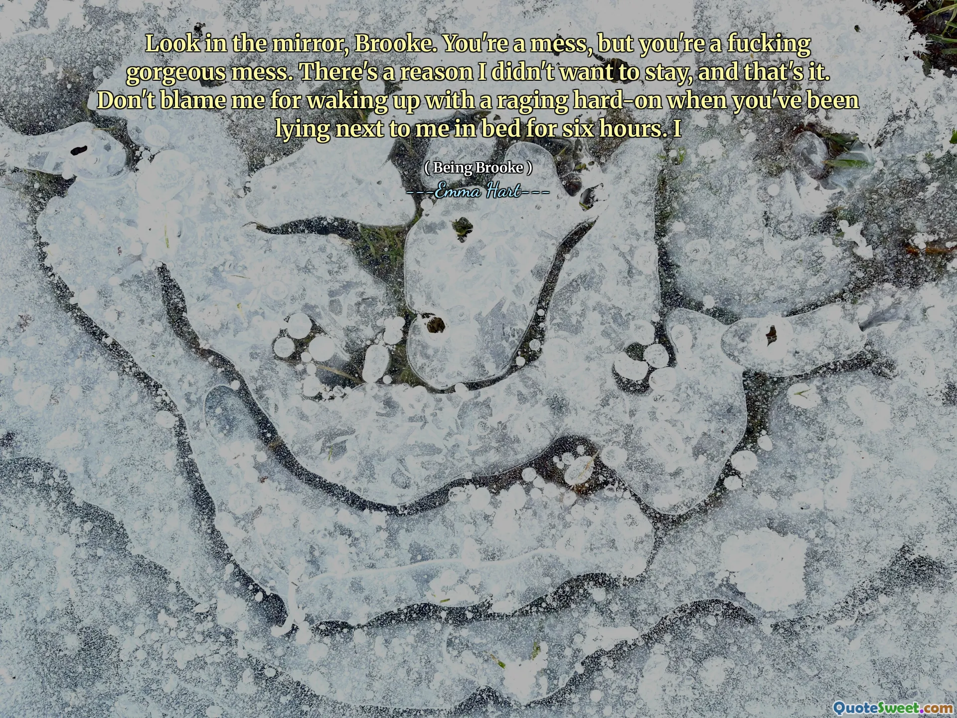 Nhìn vào gương, Brooke. Bạn là một mớ hỗn độn, nhưng bạn là một mớ hỗn độn tuyệt đẹp. Có một lý do tôi không muốn ở lại, và đó là nó. Đừng đổ lỗi cho tôi vì đã thức dậy với một cơn thịnh nộ khi bạn nằm cạnh tôi trên giường trong sáu giờ. TÔI