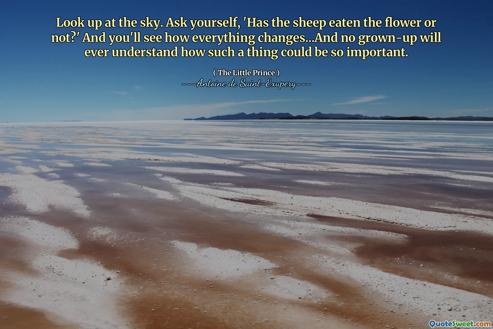 Look up at the sky. Ask yourself, 'Has the sheep eaten the flower or not?' And you'll see how everything changes...And no grown-up will ever understand how such a thing could be so important.