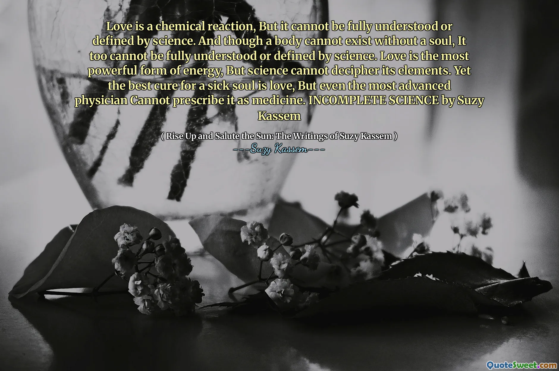 Love is a chemical reaction, But it cannot be fully understood or defined by science. And though a body cannot exist without a soul, It too cannot be fully understood or defined by science. Love is the most powerful form of energy, But science cannot decipher its elements. Yet the best cure for a sick soul is love, But even the most advanced physician Cannot prescribe it as medicine. INCOMPLETE SCIENCE by Suzy Kassem