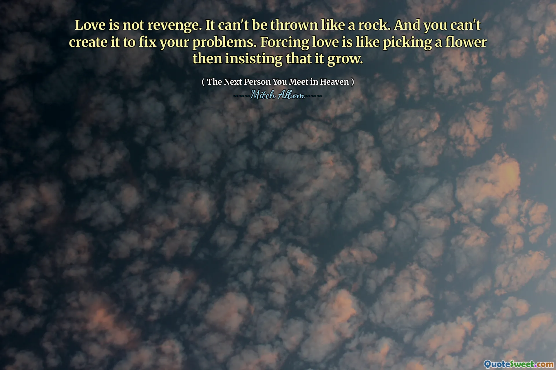 प्यार बदला नहीं है। इसे एक चट्टान की तरह नहीं फेंका जा सकता है। और आप इसे अपनी समस्याओं को ठीक करने के लिए नहीं बना सकते। प्यार को मजबूर करना एक फूल लेने जैसा है तो यह जोर देकर कहा कि यह बढ़ता है।