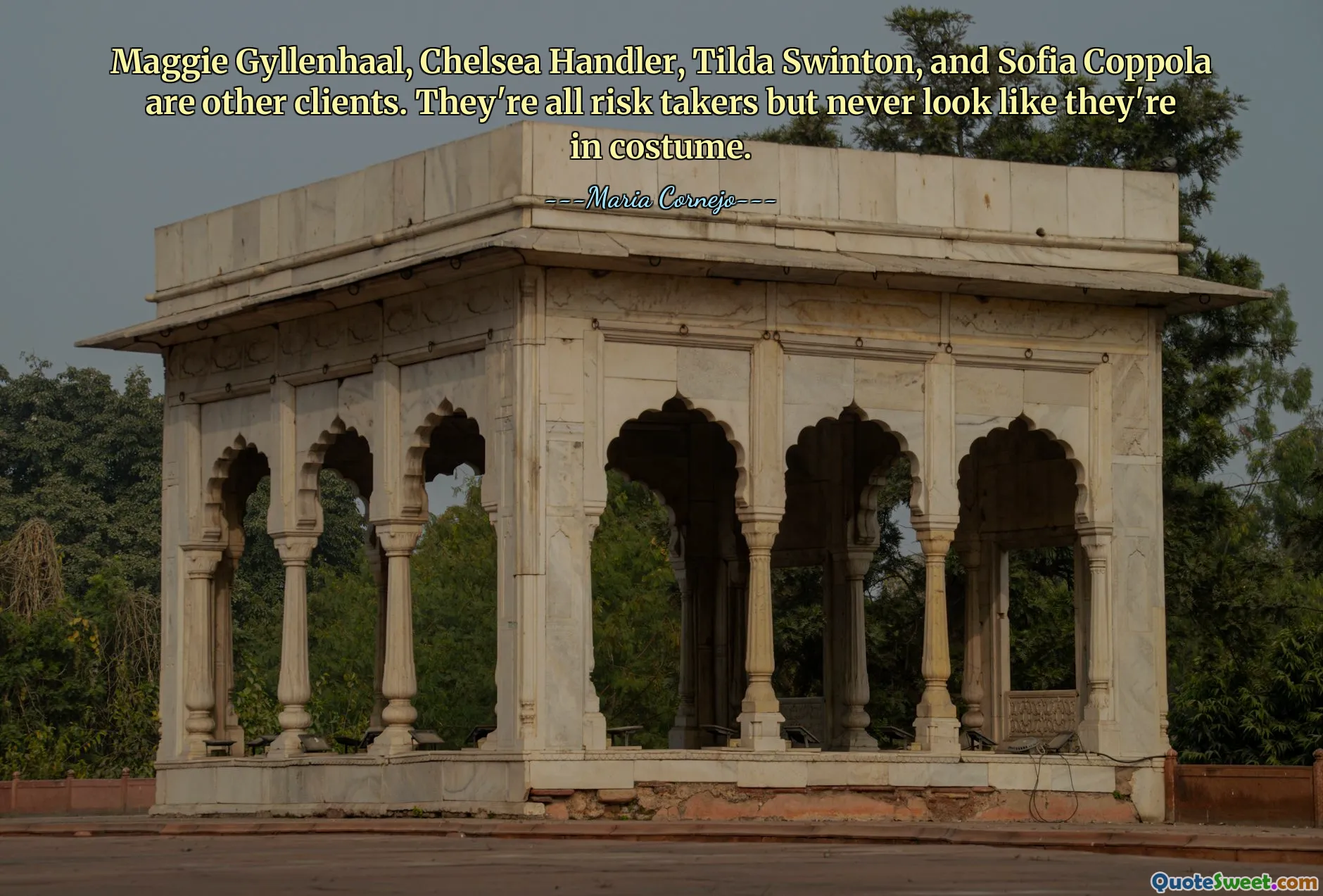 Maggie Gyllenhaal, Chelsea Handler, Tilda Swinton, and Sofia Coppola are other clients. They're all risk takers but never look like they're in costume.