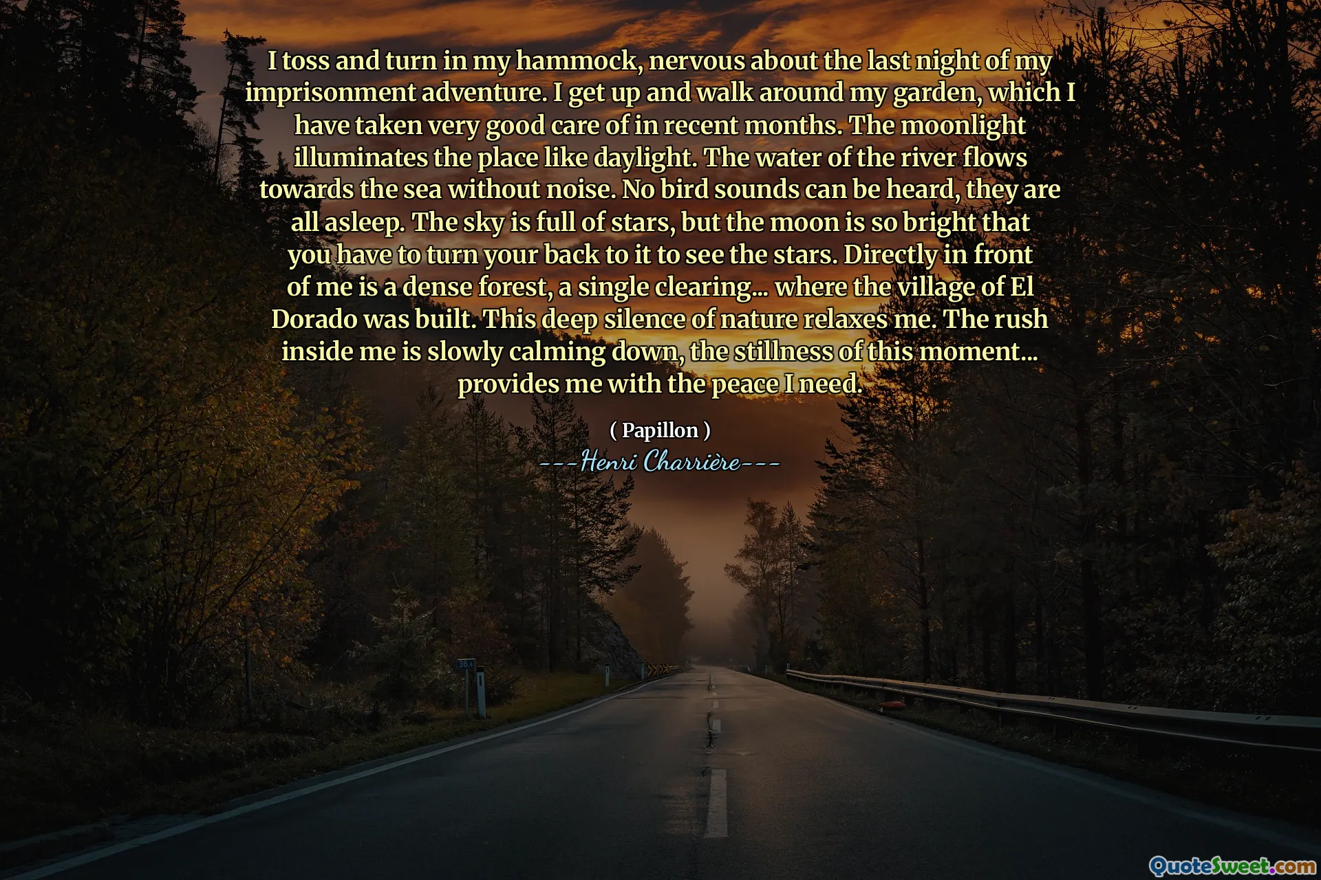 Jag kastar och vänder i min hängmatta, nervös inför den sista natten av mitt fängelseäventyr. Jag reser mig upp och går runt i min trädgård som jag har skött väldigt väl de senaste månaderna. Månskenet lyser upp platsen som dagsljus. Flodens vatten rinner mot havet utan buller. Inga fågelljud hörs, de sover alla. Himlen är full av stjärnor, men månen är så ljus att man måste vända ryggen mot den för att se stjärnorna. Rakt framför mig finns en tät skog, en enda glänta... där byn El Dorado byggdes. Denna djupa tystnad i naturen slappnar av mig. Ruset inom mig lugnar sakta ner, stillheten i detta ögonblick... ger mig den frid jag behöver.