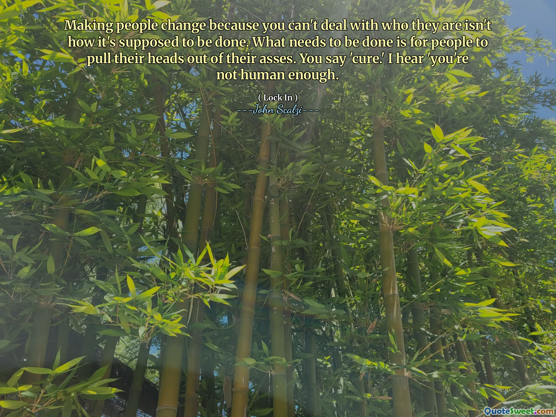 Làm cho mọi người thay đổi bởi vì bạn không thể đối phó với con người của họ không phải là cách mà nó phải làm. Những gì cần phải được thực hiện là để mọi người kéo đầu ra khỏi mông họ. Bạn nói 'chữa bệnh'. ' Tôi nghe nói 'bạn không đủ con người.