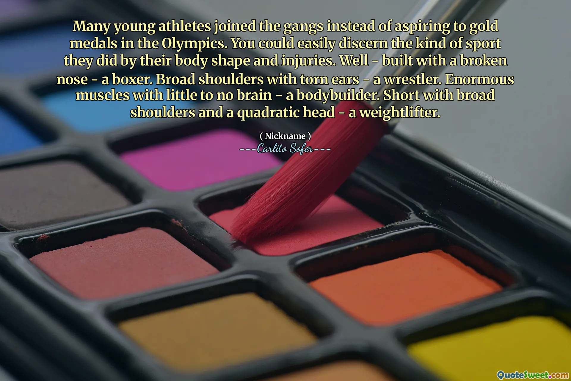 Many young athletes joined the gangs instead of aspiring to gold medals in the Olympics. You could easily discern the kind of sport they did by their body shape and injuries. Well - built with a broken nose - a boxer. Broad shoulders with torn ears - a wrestler. Enormous muscles with little to no brain - a bodybuilder. Short with broad shoulders and a quadratic head - a weightlifter.