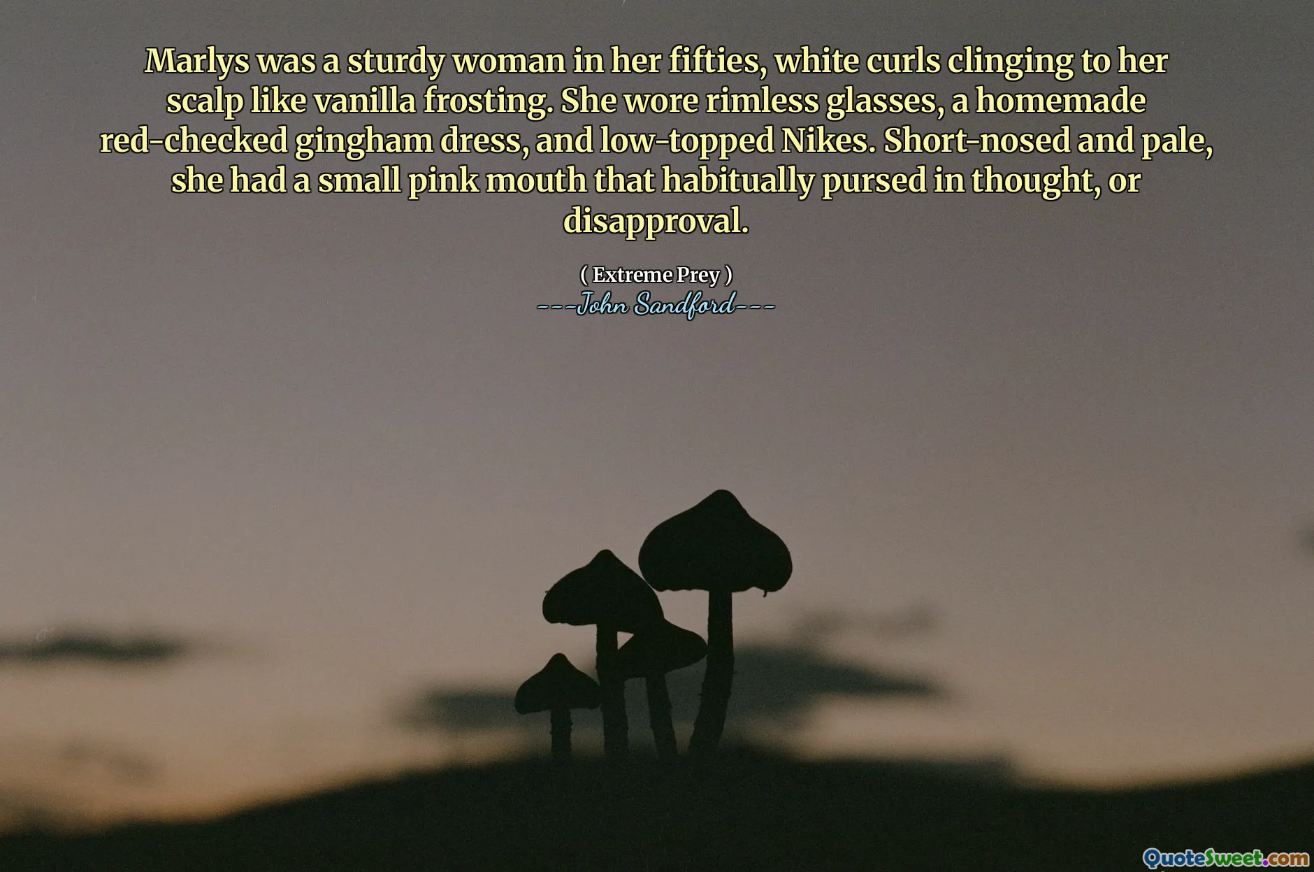 Marlys was a sturdy woman in her fifties, white curls clinging to her scalp like vanilla frosting. She wore rimless glasses, a homemade red-checked gingham dress, and low-topped Nikes. Short-nosed and pale, she had a small pink mouth that habitually pursed in thought, or disapproval.