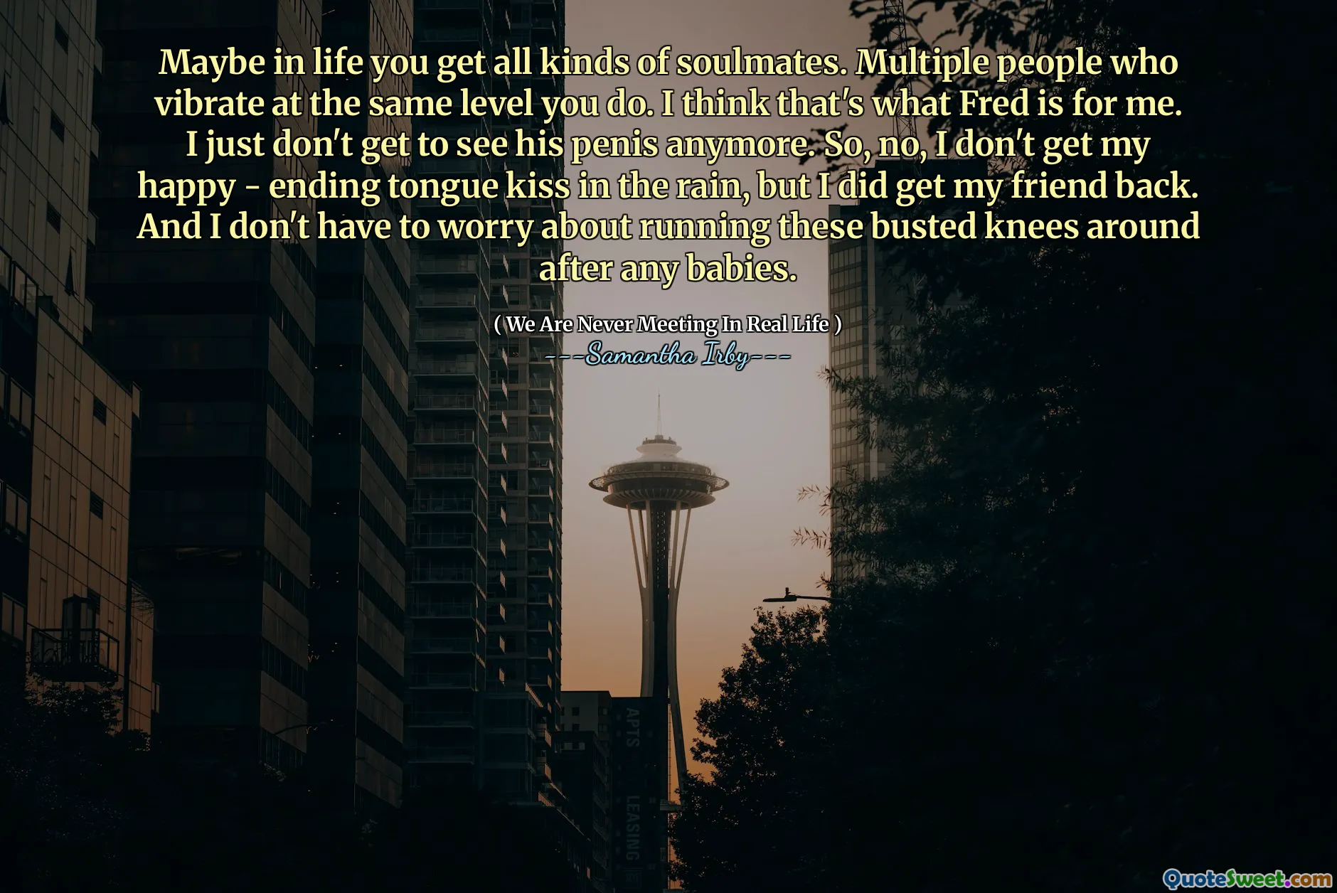 Maybe in life you get all kinds of soulmates. Multiple people who vibrate at the same level you do. I think that's what Fred is for me. I just don't get to see his penis anymore. So, no, I don't get my happy - ending tongue kiss in the rain, but I did get my friend back. And I don't have to worry about running these busted knees around after any babies.