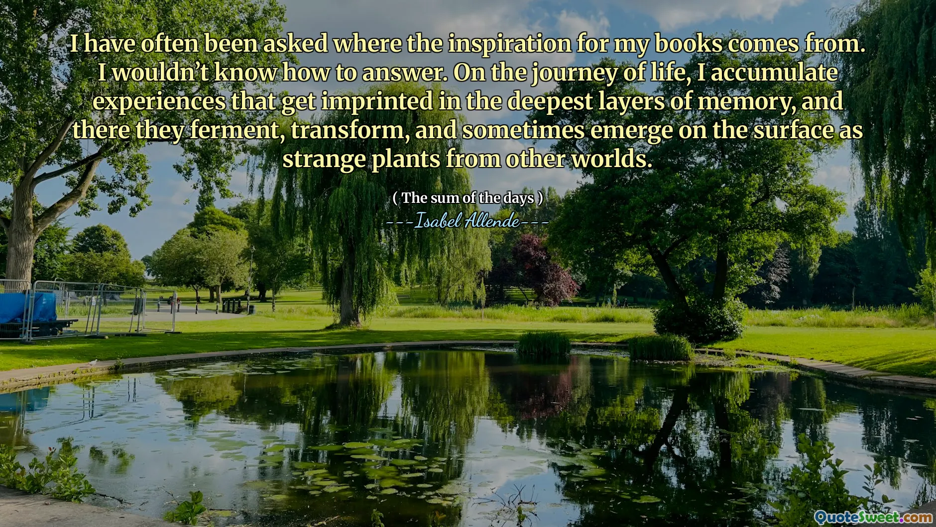 I have often been asked where the inspiration for my books comes from. I wouldn’t know how to answer. On the journey of life, I accumulate experiences that get imprinted in the deepest layers of memory, and there they ferment, transform, and sometimes emerge on the surface as strange plants from other worlds.