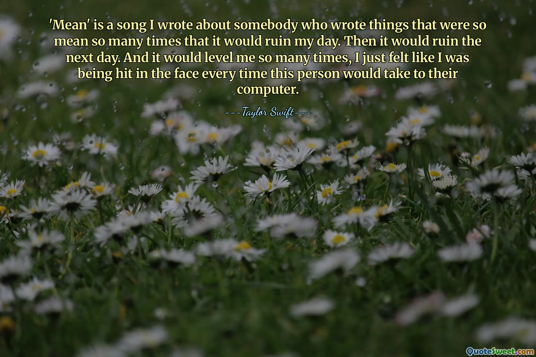 'Mean' is a song I wrote about somebody who wrote things that were so mean so many times that it would ruin my day. Then it would ruin the next day. And it would level me so many times, I just felt like I was being hit in the face every time this person would take to their computer.