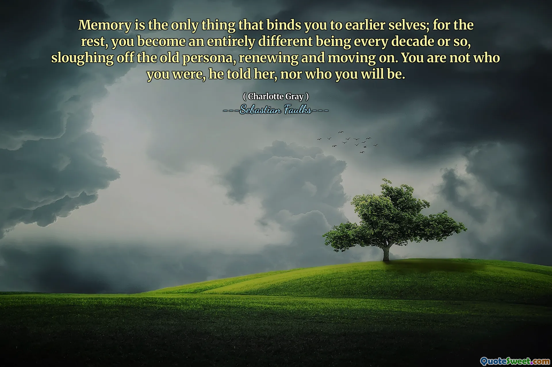 记忆是将您与早期自我联系在一起的唯一一件事。在其余的情况下，每十年左右，您都会变得完全不同，从旧角色上脱落，更新和继续前进。他告诉她，你不是你是谁，也不是你是谁。