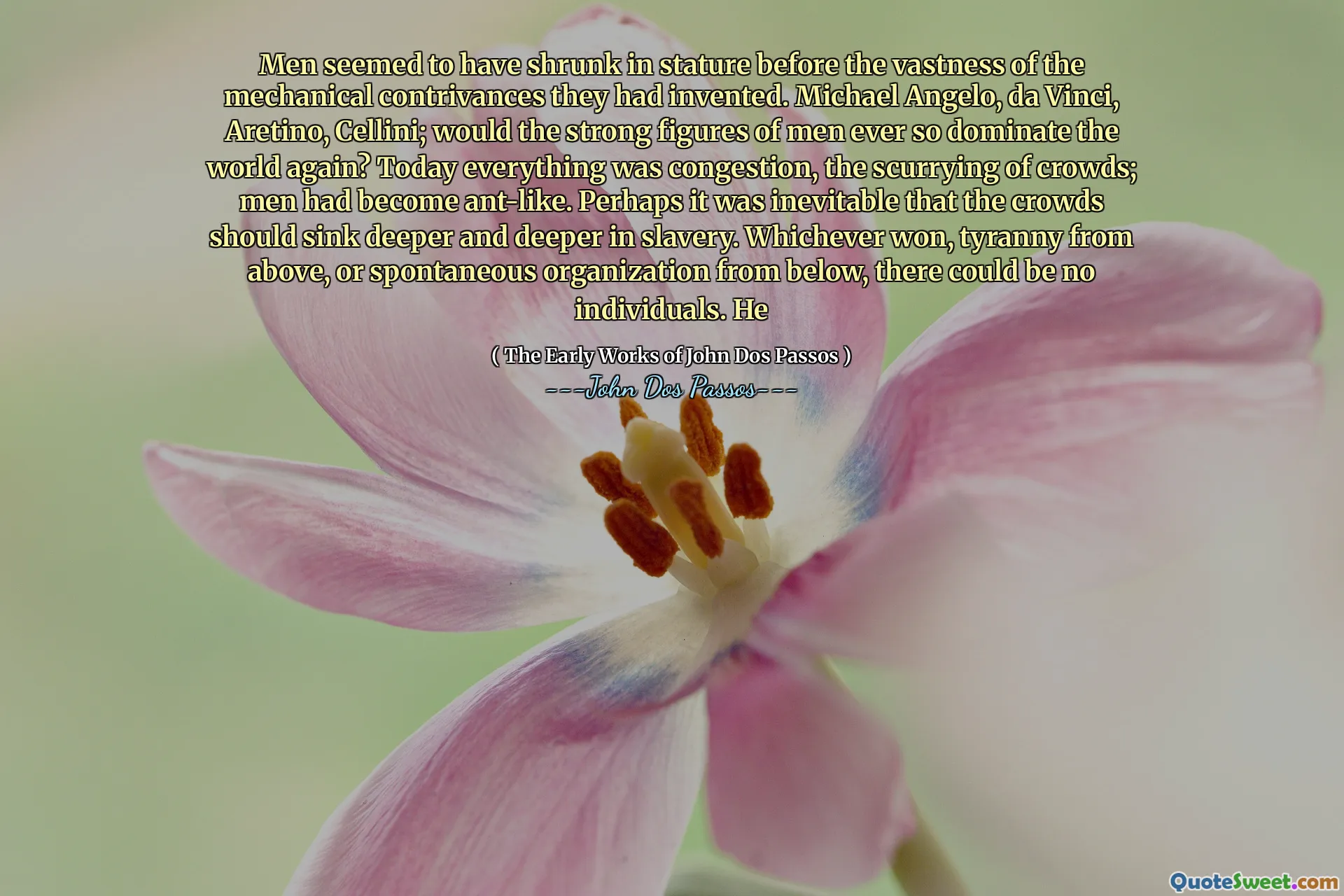 Männer schienen vor der Weite der mechanischen Erfindungen, die sie erfunden hatten, in Statur geschrumpft zu sein. Michael Angelo, DA Vinci, Aretino, Cellini; Würden die starken Figuren der Männer die Welt jemals wieder dominieren? Heute war alles überlastet, die Aufgabe von Menschenmengen; Männer waren kühnartig geworden. Vielleicht war es unvermeidlich, dass die Menge in der Sklaverei immer tiefer sinken sollte. Was auch immer gewann, Tyrannei von oben oder eine spontane Organisation von unten, es könnte keine Individuen geben. Er