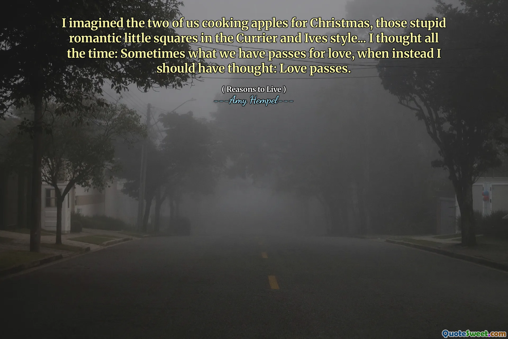I imagined the two of us cooking apples for Christmas, those stupid romantic little squares in the Currier and Ives style... I thought all the time: Sometimes what we have passes for love, when instead I should have thought: Love passes.