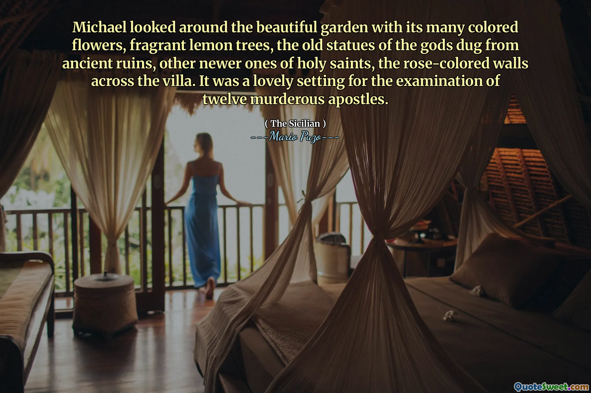 Michael looked around the beautiful garden with its many colored flowers, fragrant lemon trees, the old statues of the gods dug from ancient ruins, other newer ones of holy saints, the rose-colored walls across the villa. It was a lovely setting for the examination of twelve murderous apostles.