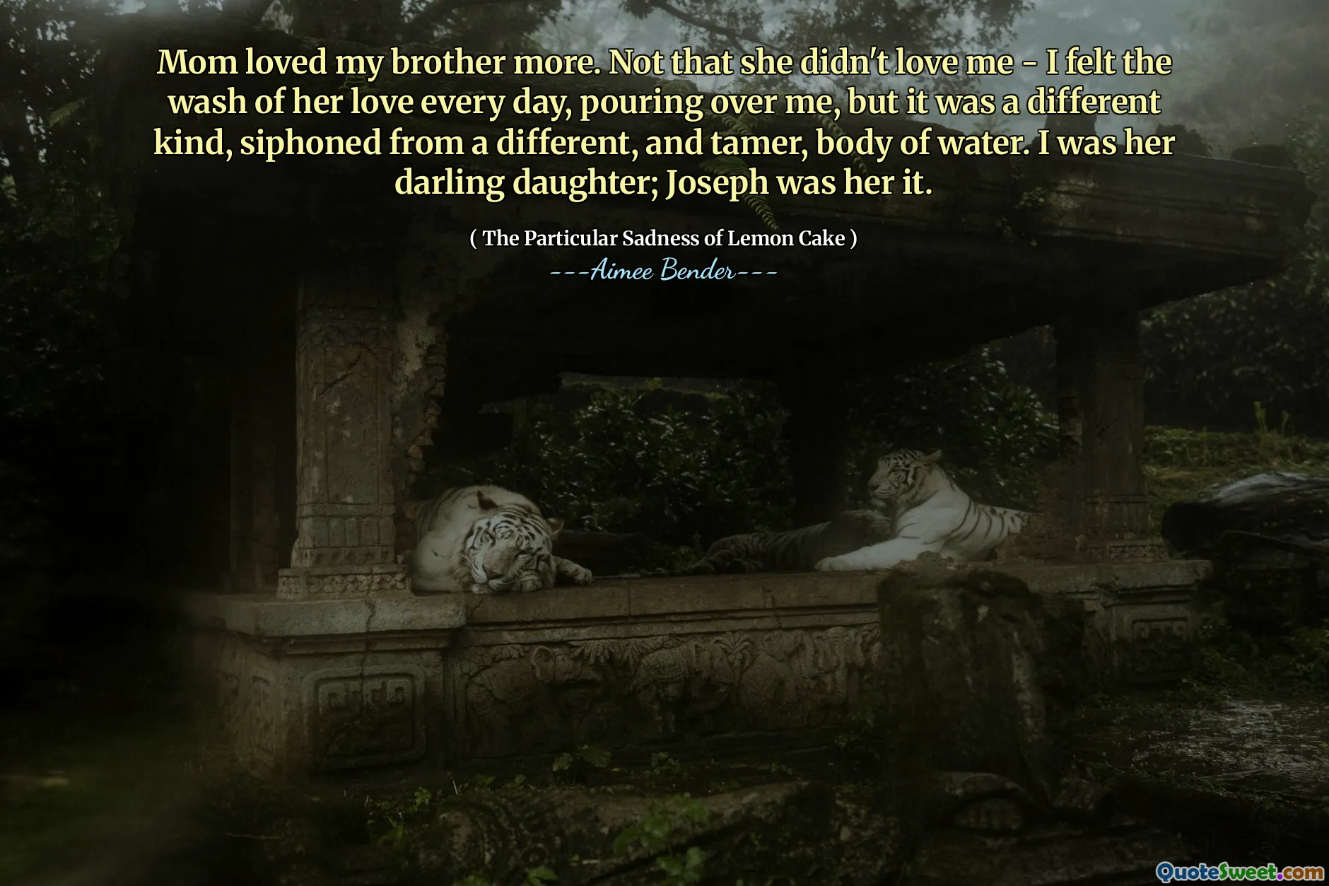 Mom loved my brother more. Not that she didn't love me - I felt the wash of her love every day, pouring over me, but it was a different kind, siphoned from a different, and tamer, body of water. I was her darling daughter; Joseph was her it.