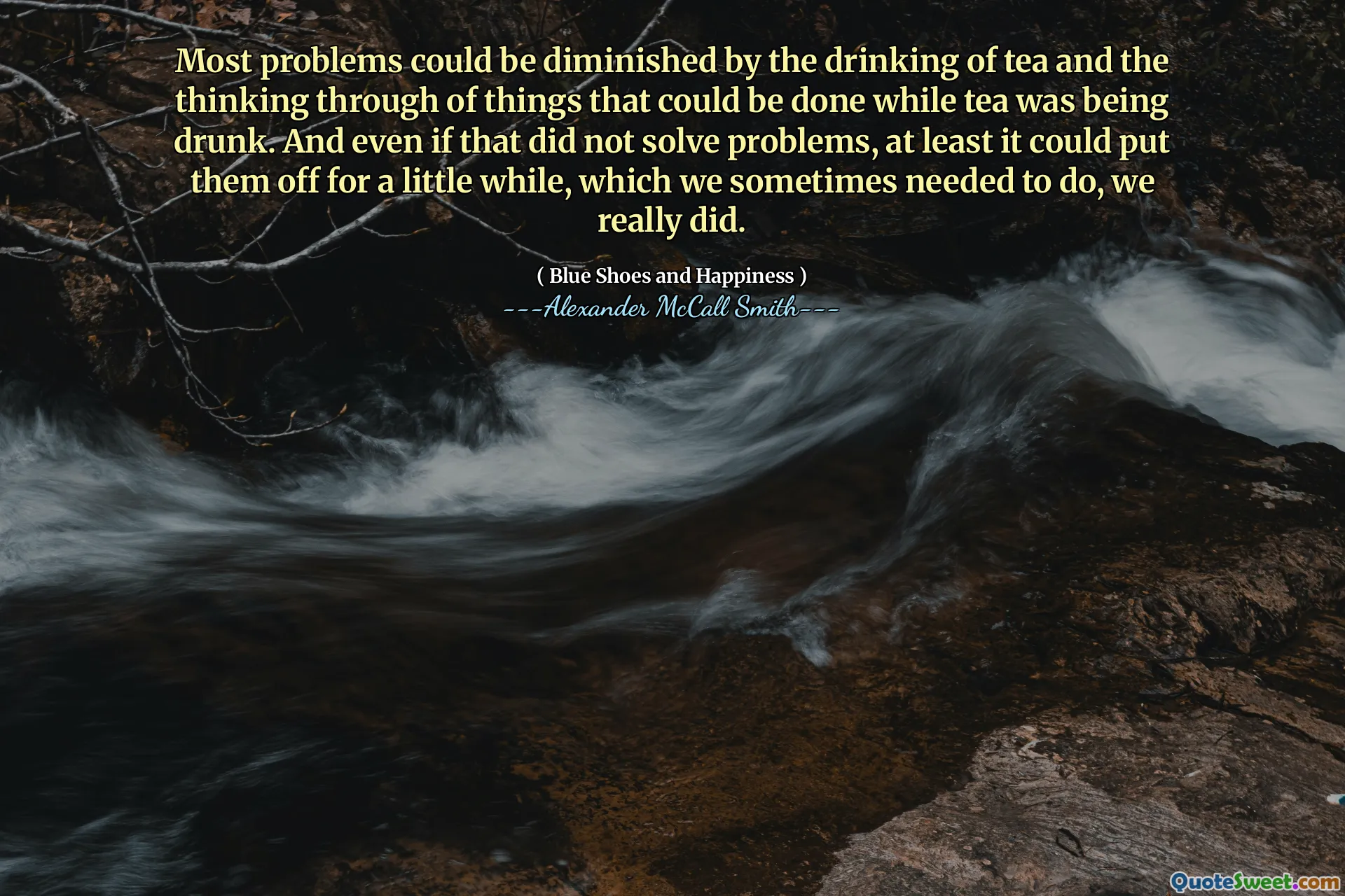 Majoritatea problemelor ar putea fi diminuate prin consumul de ceai și de gândirea lucrurilor care s -ar putea face în timp ce ceaiul era beat. Și chiar dacă acest lucru nu a rezolvat probleme, cel puțin le -ar putea scoate pentru puțin timp, lucru pe care uneori trebuia să -l facem, am făcut -o cu adevărat.