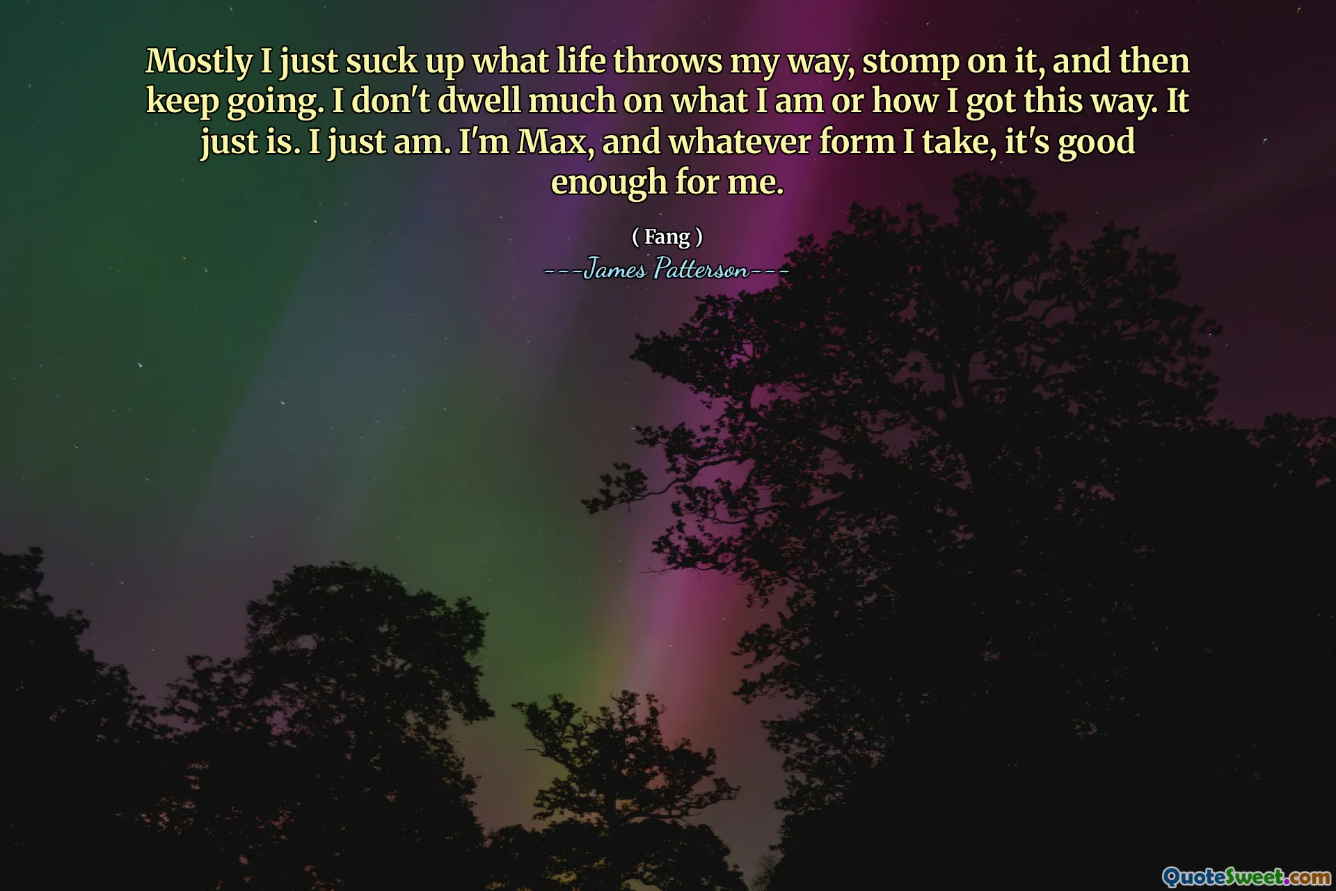 Mostly I just suck up what life throws my way, stomp on it, and then keep going. I don't dwell much on what I am or how I got this way. It just is. I just am. I'm Max, and whatever form I take, it's good enough for me.