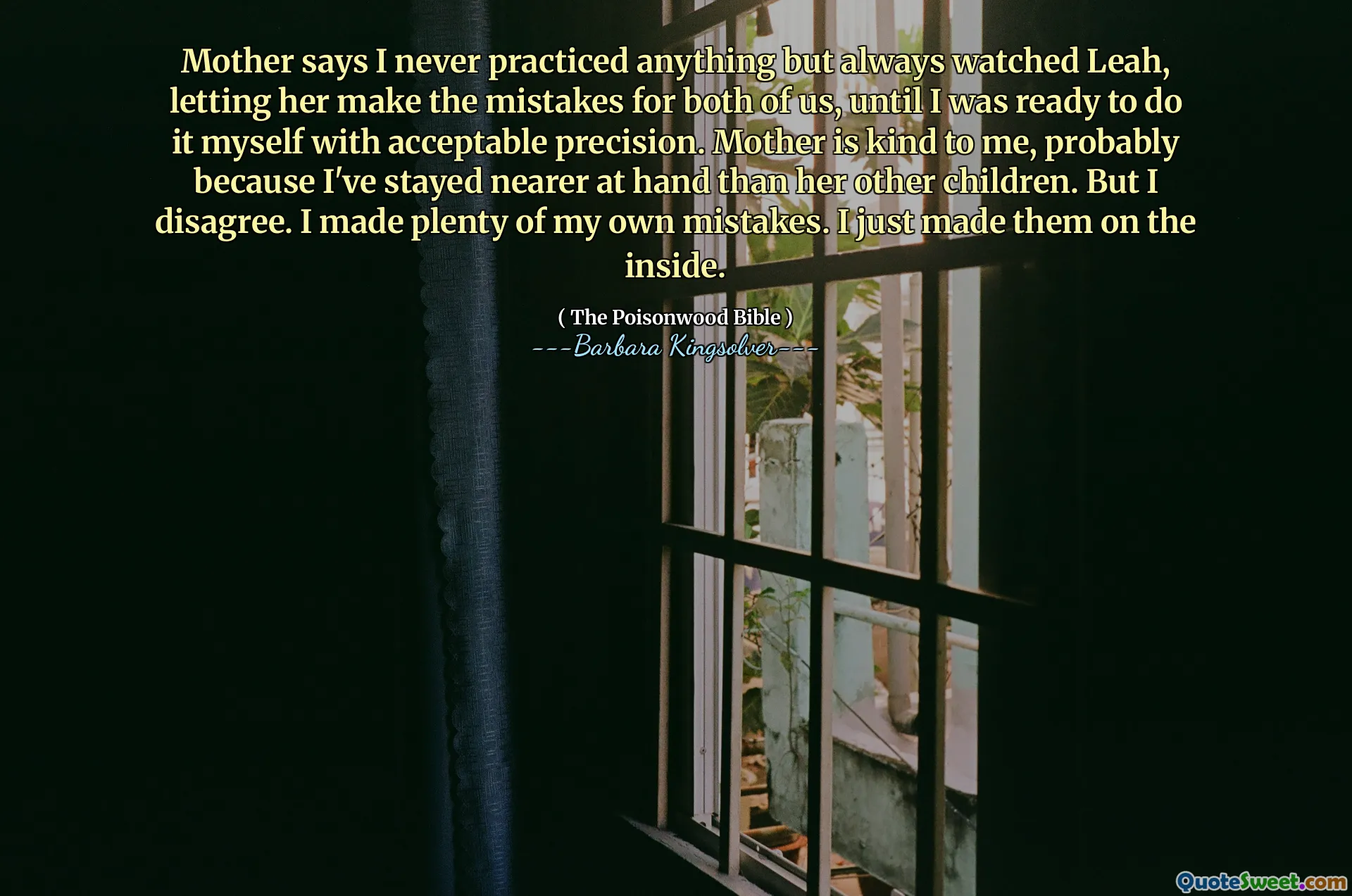 माँ कहती है कि मैंने कभी कुछ भी अभ्यास नहीं किया, लेकिन हमेशा लिआ को देखा, जिससे वह हम दोनों के लिए गलतियाँ करे, जब तक कि मैं इसे स्वीकार्य सटीकता के साथ खुद करने के लिए तैयार नहीं था। माँ मेरे प्रति दयालु है, शायद इसलिए कि मैं उसके अन्य बच्चों की तुलना में हाथ में रहती हूं। लेकिन मैं असहमत हूं। मैंने अपनी बहुत सारी गलतियाँ कीं। मैंने उन्हें बस अंदर से बनाया।