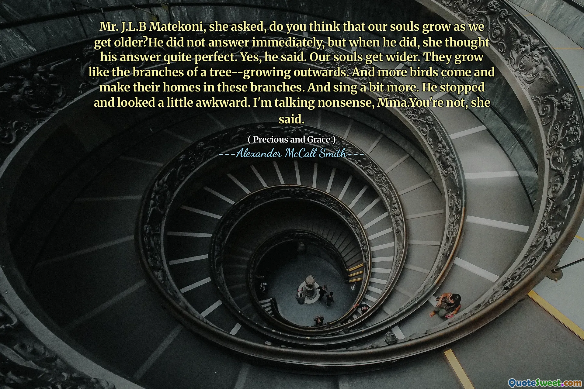 她问，J.L.B Matekoni先生，您认为我们的灵魂随着年龄的增长而成长吗？他没有立即回答，但是当他这样做时，她认为他的答案非常完美。是的，他说。我们的灵魂变得更广泛。它们像树的树枝一样生长 - 向外生长。还有更多的鸟来在这些树枝上造就房屋。并唱更多。他停下来，看上去有点尴尬。我说的是胡说八道，你不是，你不是。