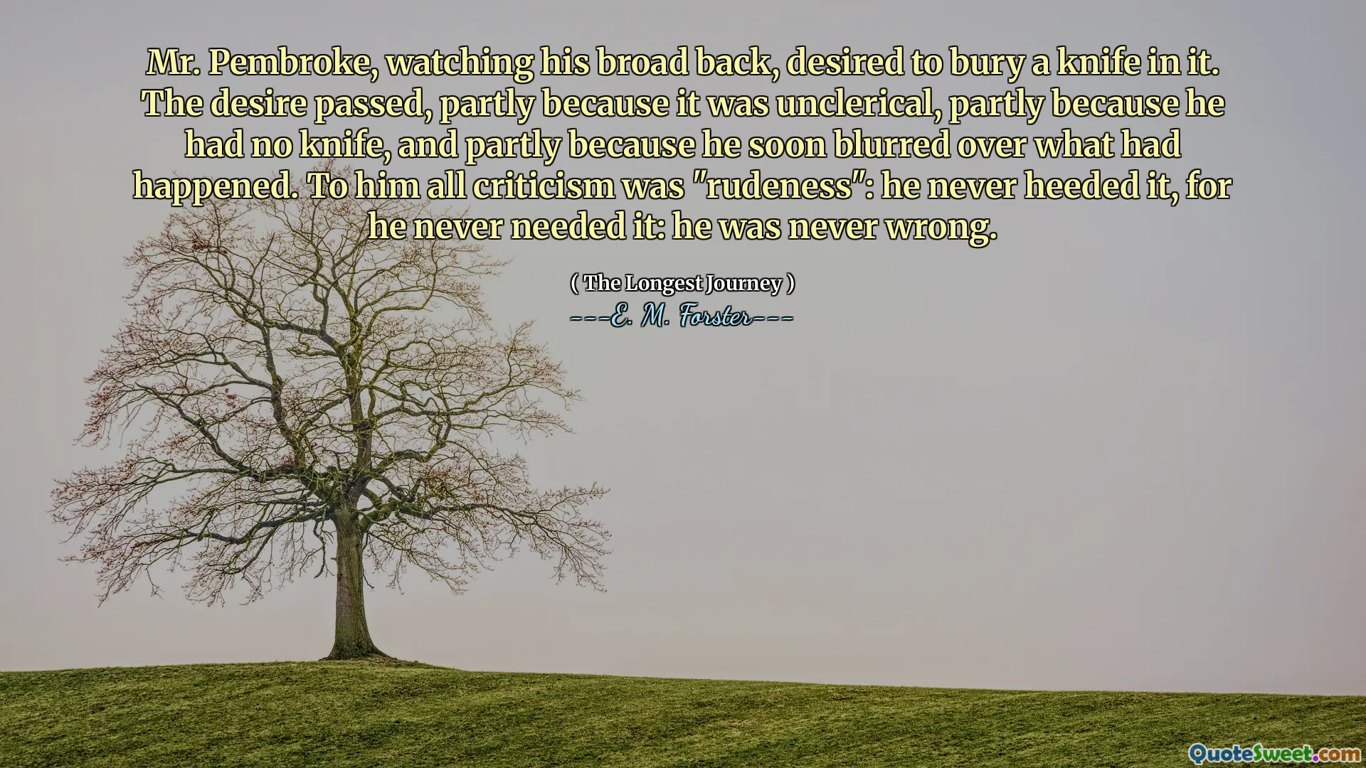 Mr. Pembroke, watching his broad back, desired to bury a knife in it. The desire passed, partly because it was unclerical, partly because he had no knife, and partly because he soon blurred over what had happened. To him all criticism was "rudeness": he never heeded it, for he never needed it: he was never wrong.