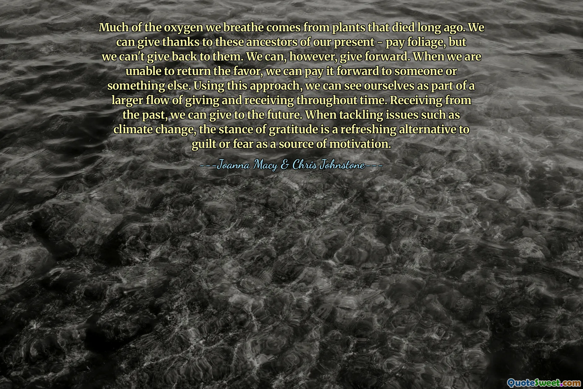 Much of the oxygen we breathe comes from plants that died long ago. We can give thanks to these ancestors of our present - pay foliage, but we can't give back to them. We can, however, give forward. When we are unable to return the favor, we can pay it forward to someone or something else. Using this approach, we can see ourselves as part of a larger flow of giving and receiving throughout time. Receiving from the past, we can give to the future. When tackling issues such as climate change, the stance of gratitude is a refreshing alternative to guilt or fear as a source of motivation.