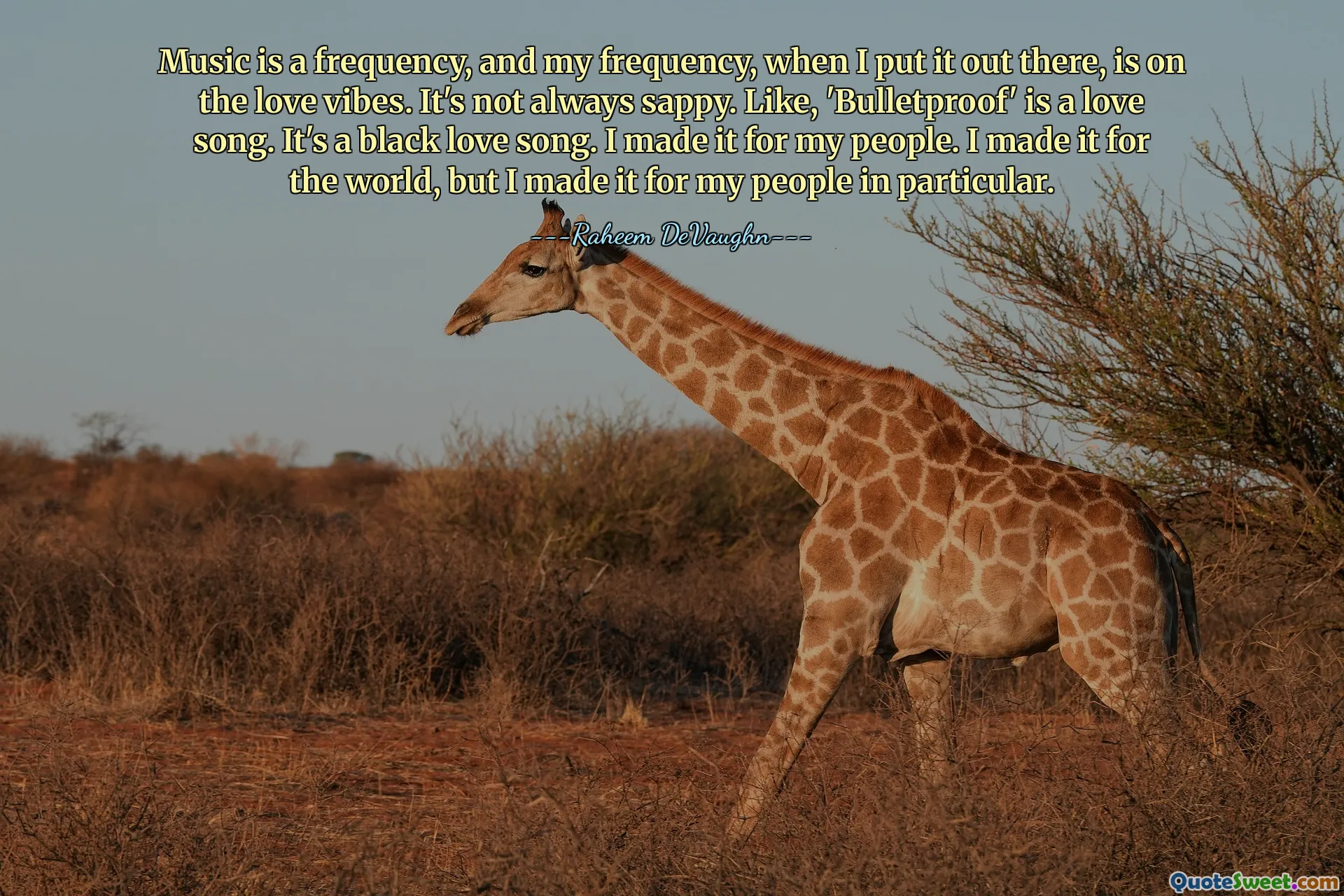 Music is a frequency, and my frequency, when I put it out there, is on the love vibes. It's not always sappy. Like, 'Bulletproof' is a love song. It's a black love song. I made it for my people. I made it for the world, but I made it for my people in particular.