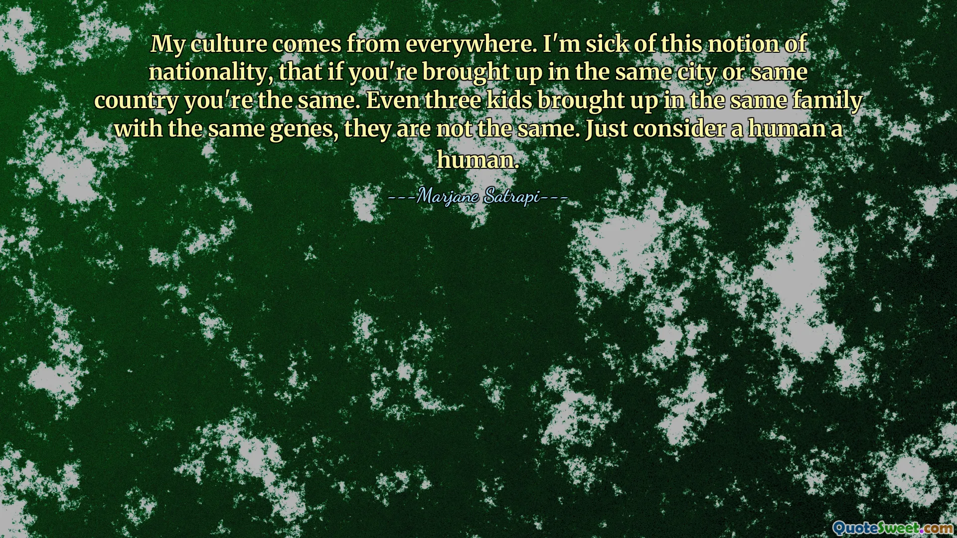 My culture comes from everywhere. I'm sick of this notion of nationality, that if you're brought up in the same city or same country you're the same. Even three kids brought up in the same family with the same genes, they are not the same. Just consider a human a human.