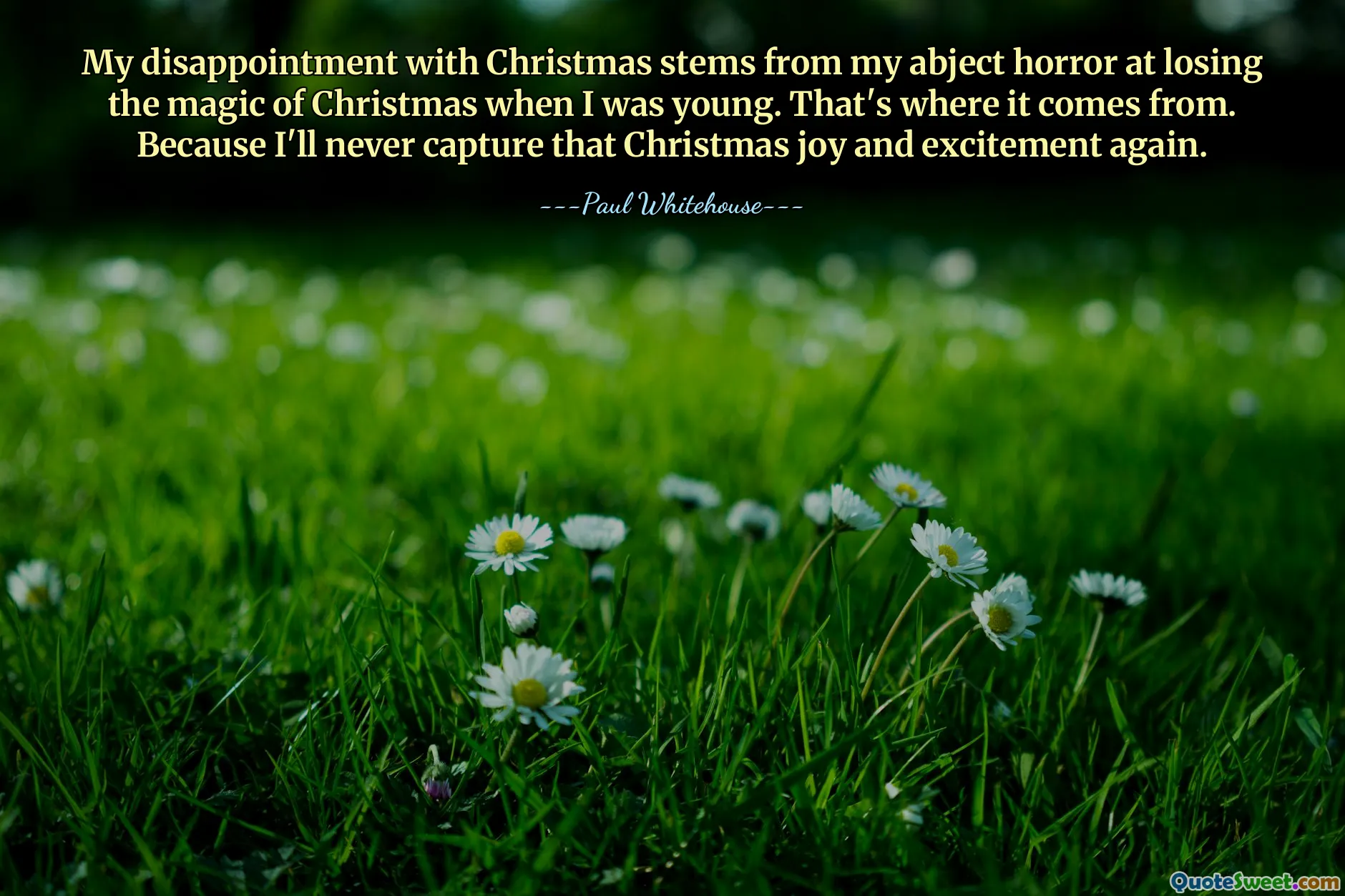 My disappointment with Christmas stems from my abject horror at losing the magic of Christmas when I was young. That's where it comes from. Because I'll never capture that Christmas joy and excitement again.