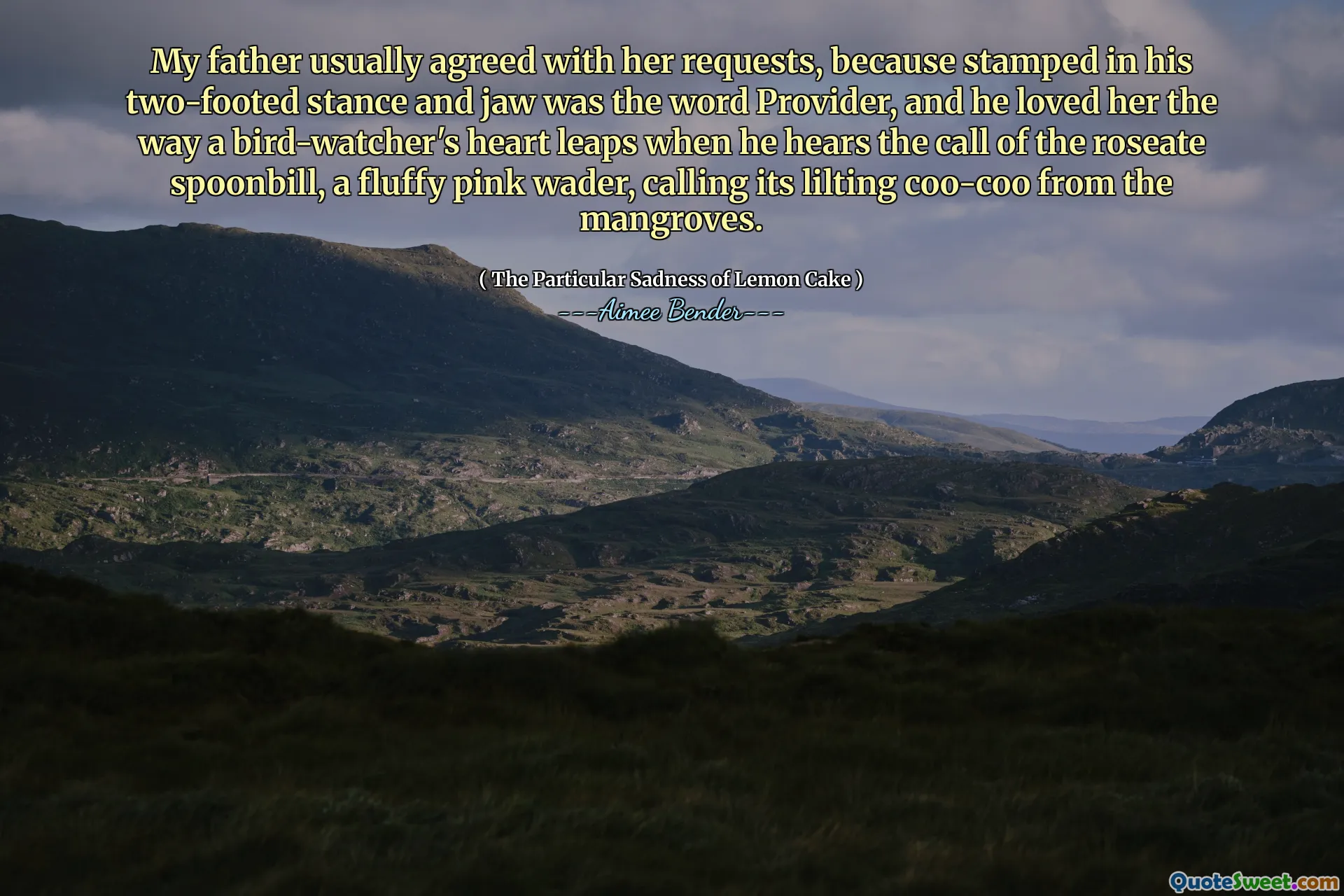 My father usually agreed with her requests, because stamped in his two-footed stance and jaw was the word Provider, and he loved her the way a bird-watcher's heart leaps when he hears the call of the roseate spoonbill, a fluffy pink wader, calling its lilting coo-coo from the mangroves.
