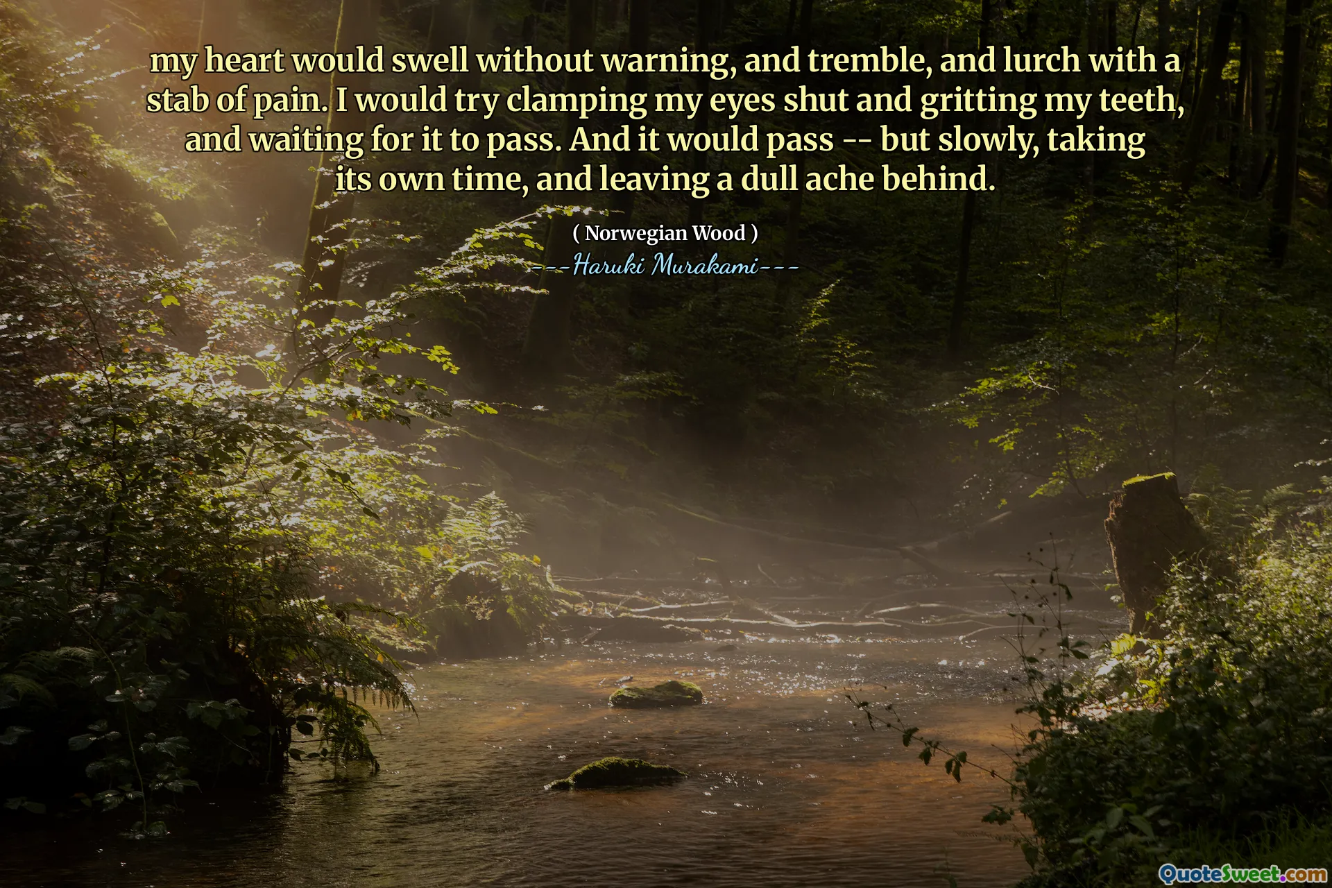 my heart would swell without warning, and tremble, and lurch with a stab of pain. I would try clamping my eyes shut and gritting my teeth, and waiting for it to pass. And it would pass -- but slowly, taking its own time, and leaving a dull ache behind.