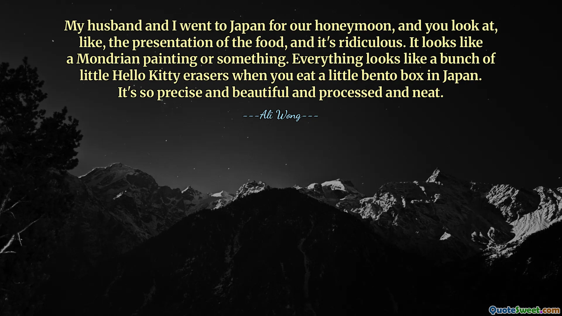 Mój mąż i ja pojechaliśmy do Japonii na miesiąc miodowy i patrząc na prezentację jedzenia, to jest to śmieszne. Wygląda jak obraz Mondriana czy coś. Wszystko wygląda jak kilka małych gumek Hello Kitty, gdy zjesz małe pudełko bento w Japonii. Jest taki precyzyjny, piękny, przetworzony i schludny.