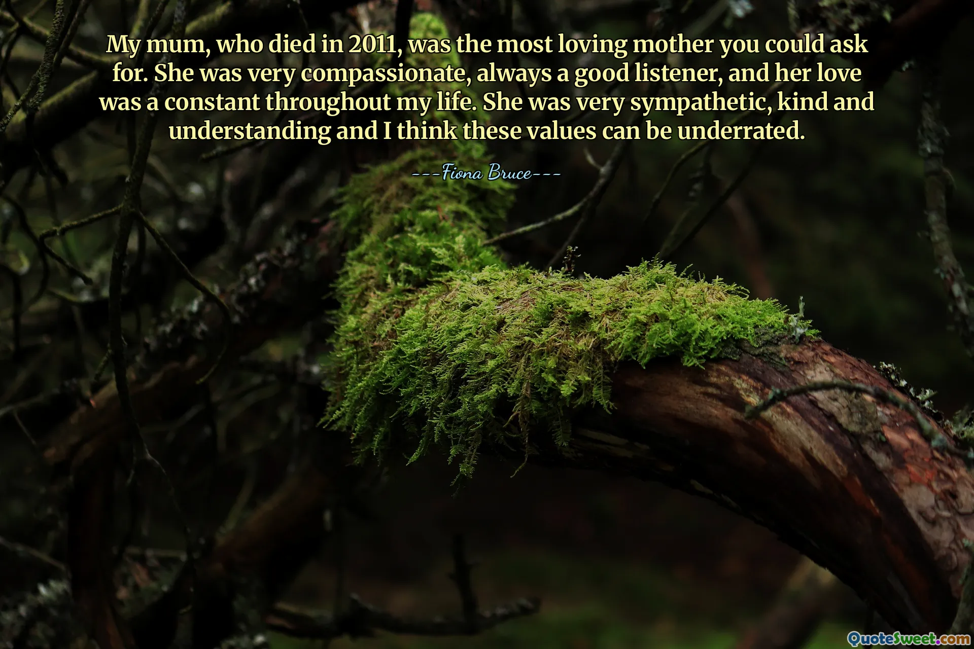 Mijn moeder, die in 2011 overleed, was de meest liefdevolle moeder die je je kunt wensen. Ze was erg meelevend, kon altijd goed luisteren, en haar liefde was mijn hele leven een constante. Ze was erg sympathiek, vriendelijk en begripvol en ik denk dat deze waarden onderschat kunnen worden.