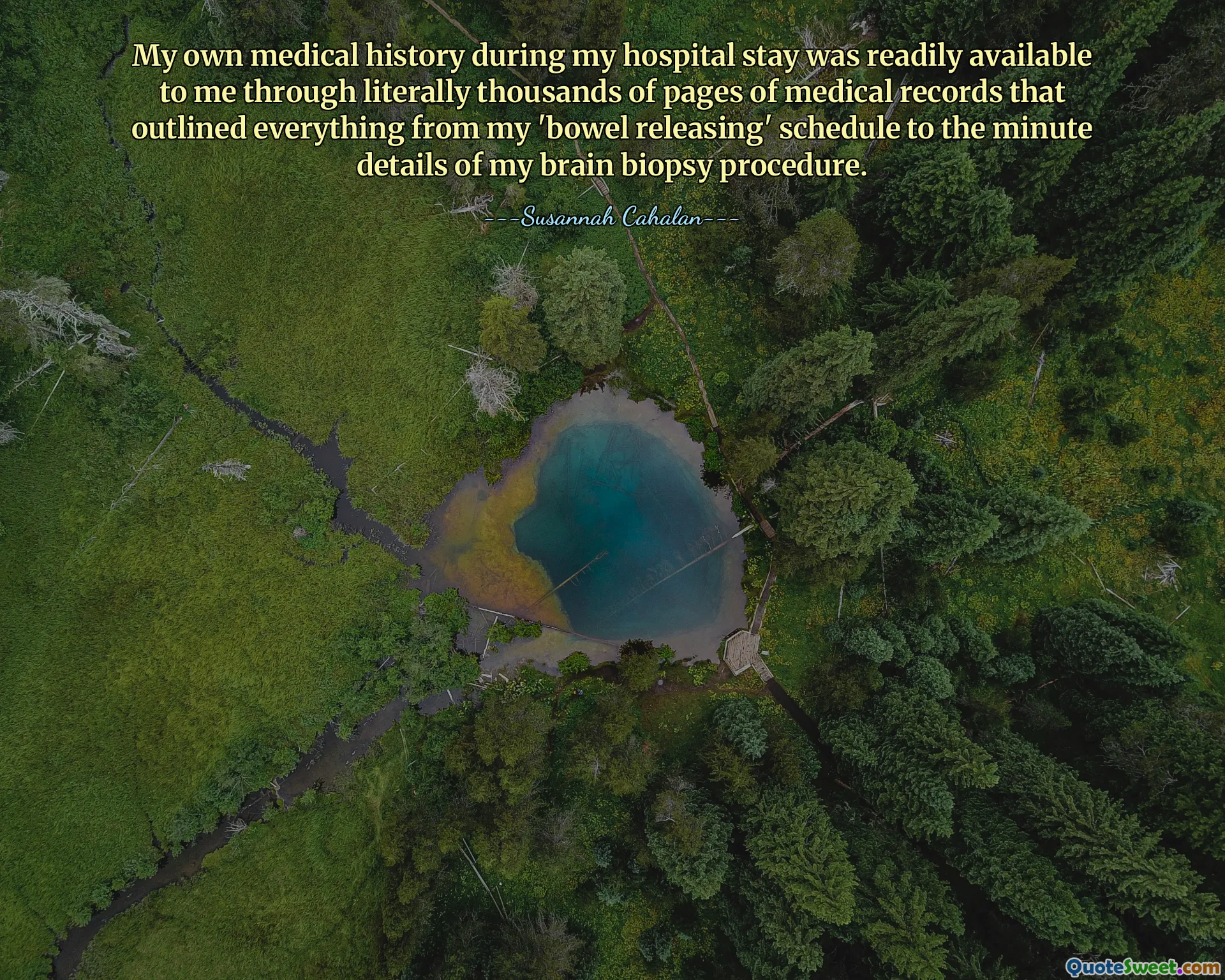 My own medical history during my hospital stay was readily available to me through literally thousands of pages of medical records that outlined everything from my 'bowel releasing' schedule to the minute details of my brain biopsy procedure.