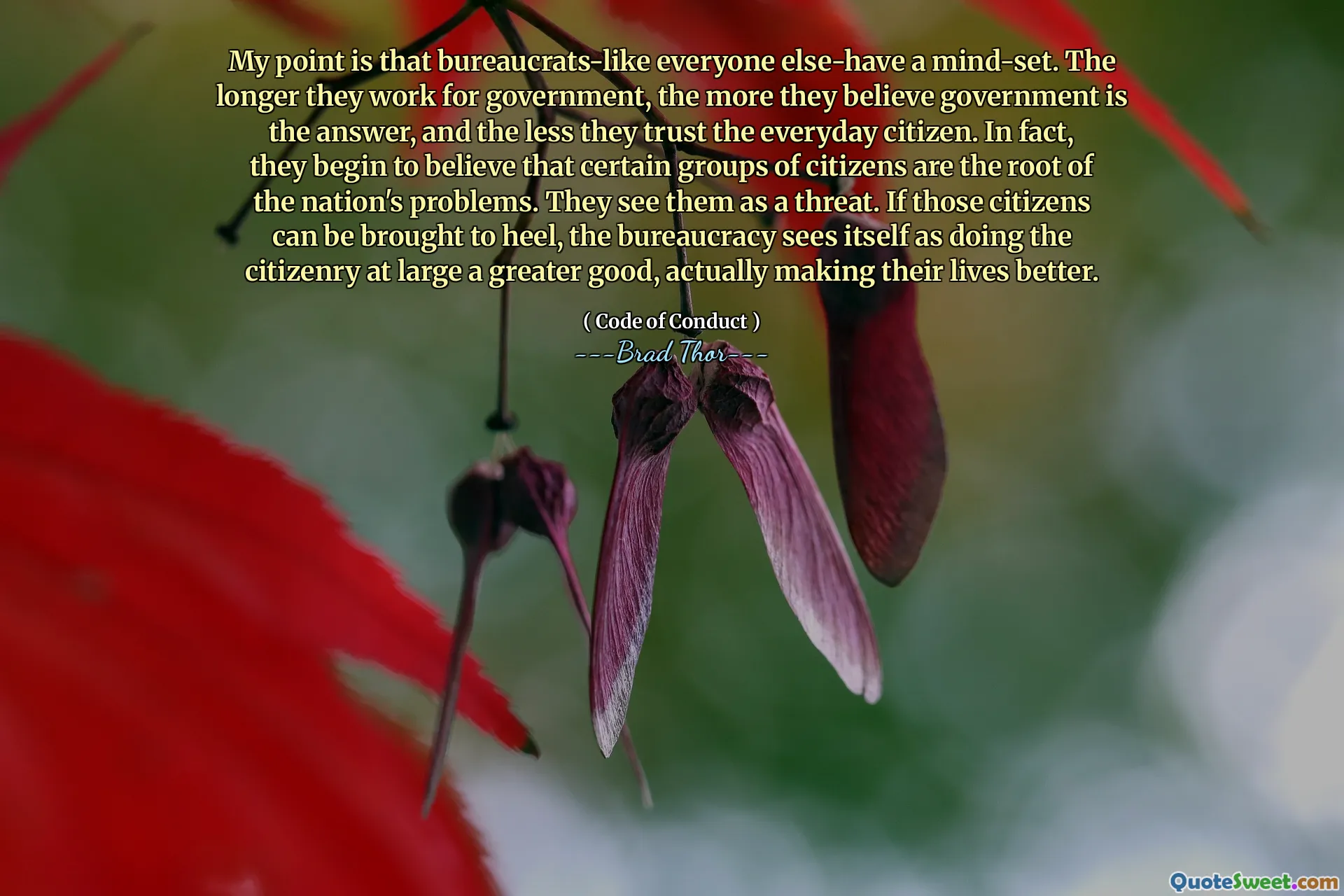 نقطتي هي أن البيروقراطيين يشبهون الجميع- كلما طالت مدة عملها من أجل الحكومة ، كلما اعتقدوا أن الحكومة هي الإجابة ، وكلما كان يثقون في المواطن اليومي. في الواقع ، يبدأون في الاعتقاد بأن مجموعات معينة من المواطنين هي جذر مشاكل الأمة. يرونهم كتهديد. إذا كان من الممكن إحضار هؤلاء المواطنين إلى الكعب ، فإن البيروقراطية ترى نفسها على أنها تفعل المواطنين بشكل عام بشكل عام ، مما يجعل حياتهم في الواقع أفضل.