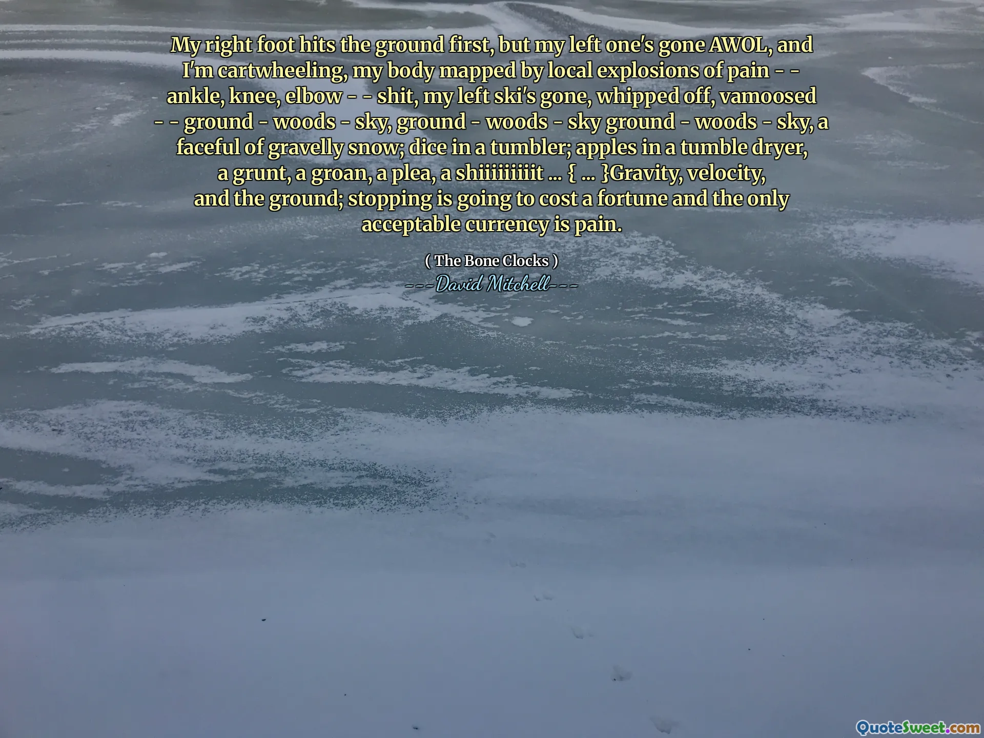 My right foot hits the ground first, but my left one's gone AWOL, and I'm cartwheeling, my body mapped by local explosions of pain - - ankle, knee, elbow - - shit, my left ski's gone, whipped off, vamoosed - - ground - woods - sky, ground - woods - sky ground - woods - sky, a faceful of gravelly snow; dice in a tumbler; apples in a tumble dryer, a grunt, a groan, a plea, a shiiiiiiiiit ... { ... }Gravity, velocity, and the ground; stopping is going to cost a fortune and the only acceptable currency is pain.