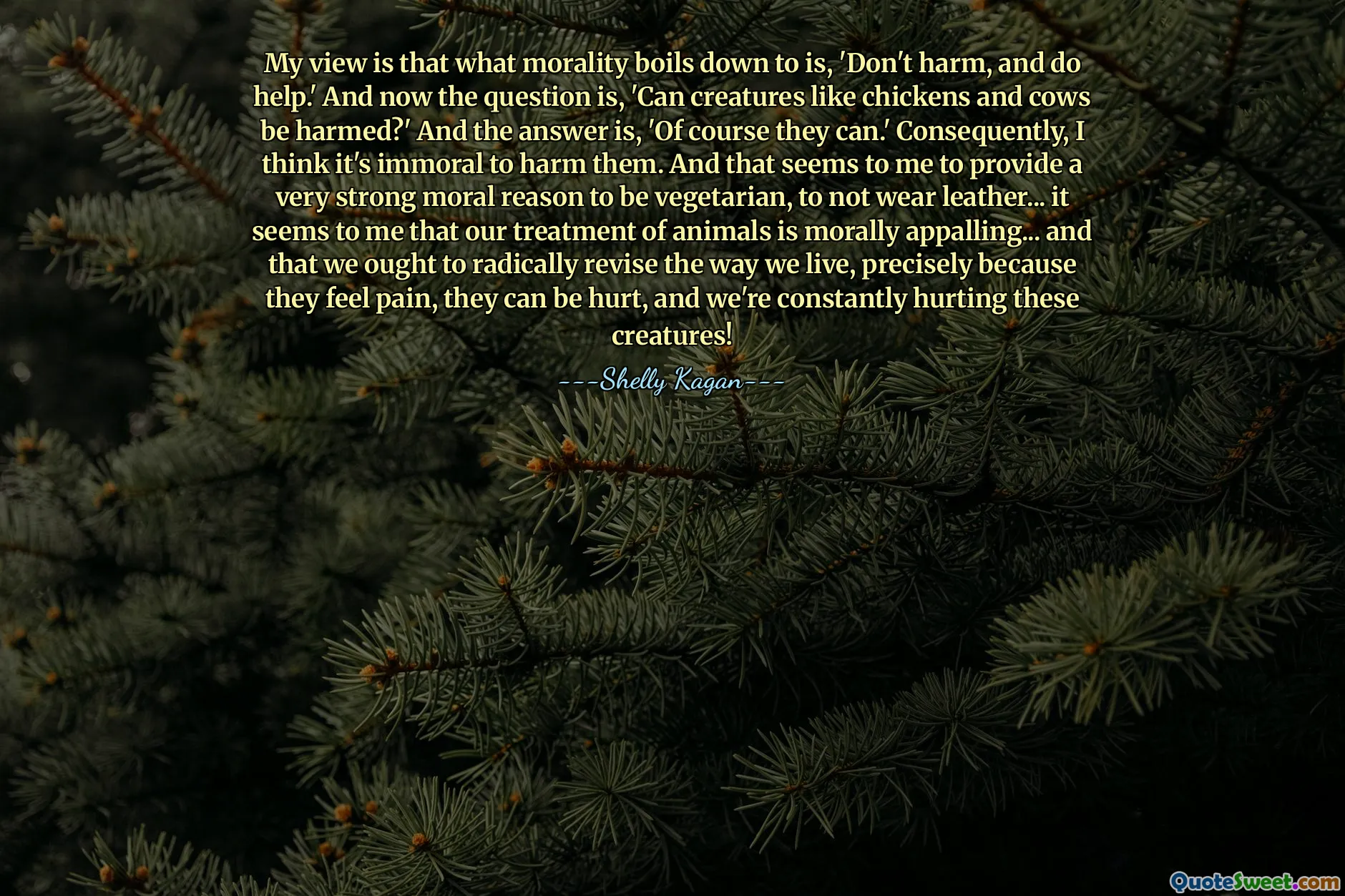 My view is that what morality boils down to is, 'Don't harm, and do help.' And now the question is, 'Can creatures like chickens and cows be harmed?' And the answer is, 'Of course they can.' Consequently, I think it's immoral to harm them. And that seems to me to provide a very strong moral reason to be vegetarian, to not wear leather... it seems to me that our treatment of animals is morally appalling... and that we ought to radically revise the way we live, precisely because they feel pain, they can be hurt, and we're constantly hurting these creatures!