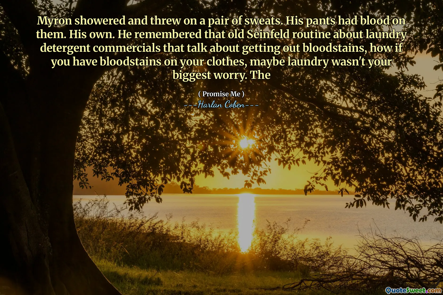 Myron showered and threw on a pair of sweats. His pants had blood on them. His own. He remembered that old Seinfeld routine about laundry detergent commercials that talk about getting out bloodstains, how if you have bloodstains on your clothes, maybe laundry wasn't your biggest worry. The