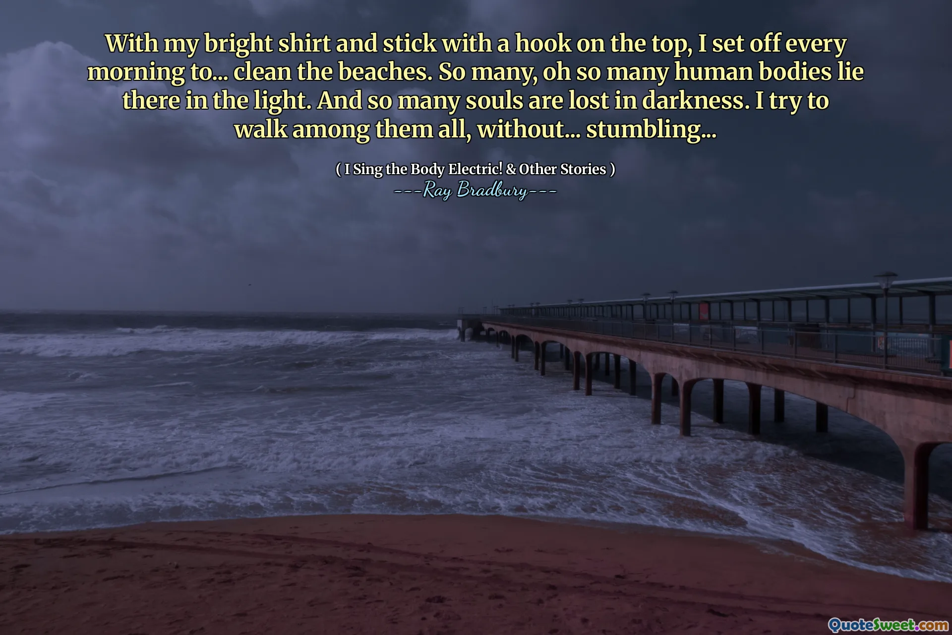 With my bright shirt and stick with a hook on the top, I set off every morning to... clean the beaches. So many, oh so many human bodies lie there in the light. And so many souls are lost in darkness. I try to walk among them all, without... stumbling...