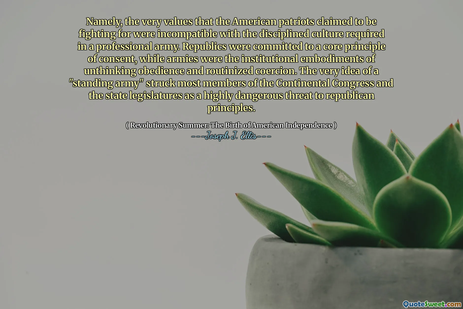 Nämligen var de värderingar som de amerikanska patrioterna påstod att kämpa för oförenliga med den disciplinerade kultur som krävs i en professionell armé. Republikerna var engagerade i en kärnprincip för samtycke, medan arméer var de institutionella utföringsformerna av otänkande lydnad och rutiniserad tvång. Själva idén om en "stående armé" slog de flesta medlemmar av den kontinentala kongressen och de statliga lagstiftarna som ett mycket farligt hot mot republikanska principer.