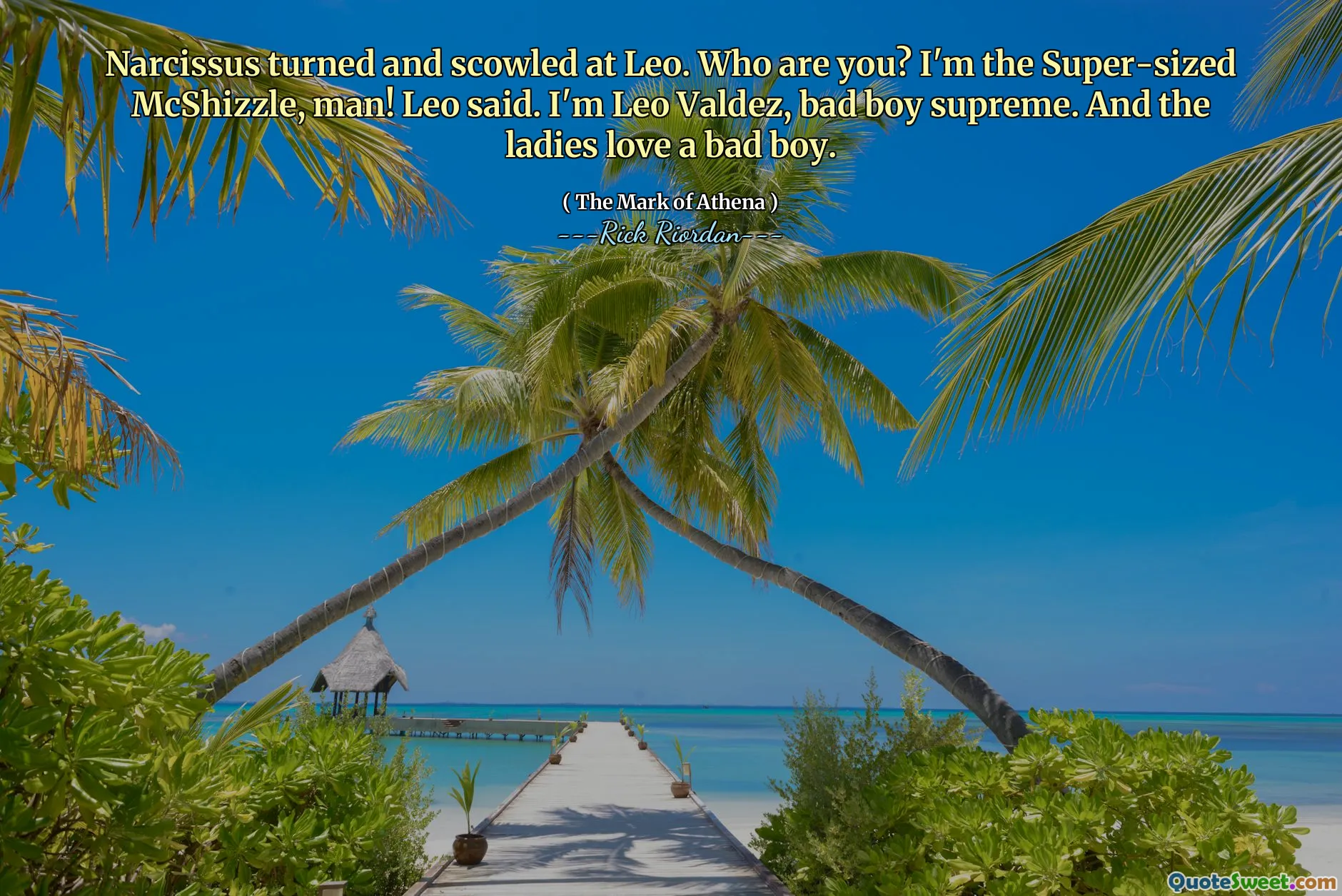 Narcissus turned and scowled at Leo. Who are you? I'm the Super-sized McShizzle, man! Leo said. I'm Leo Valdez, bad boy supreme. And the ladies love a bad boy.